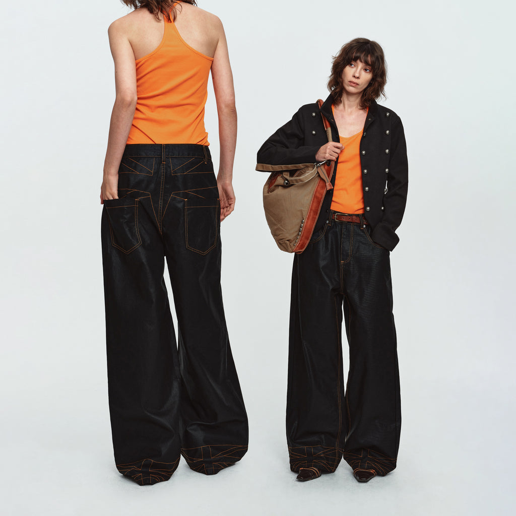 MADWITCH CONTRAST-STITCH WAXED-BLACK WIDE-LEG JEANS #GPC3659