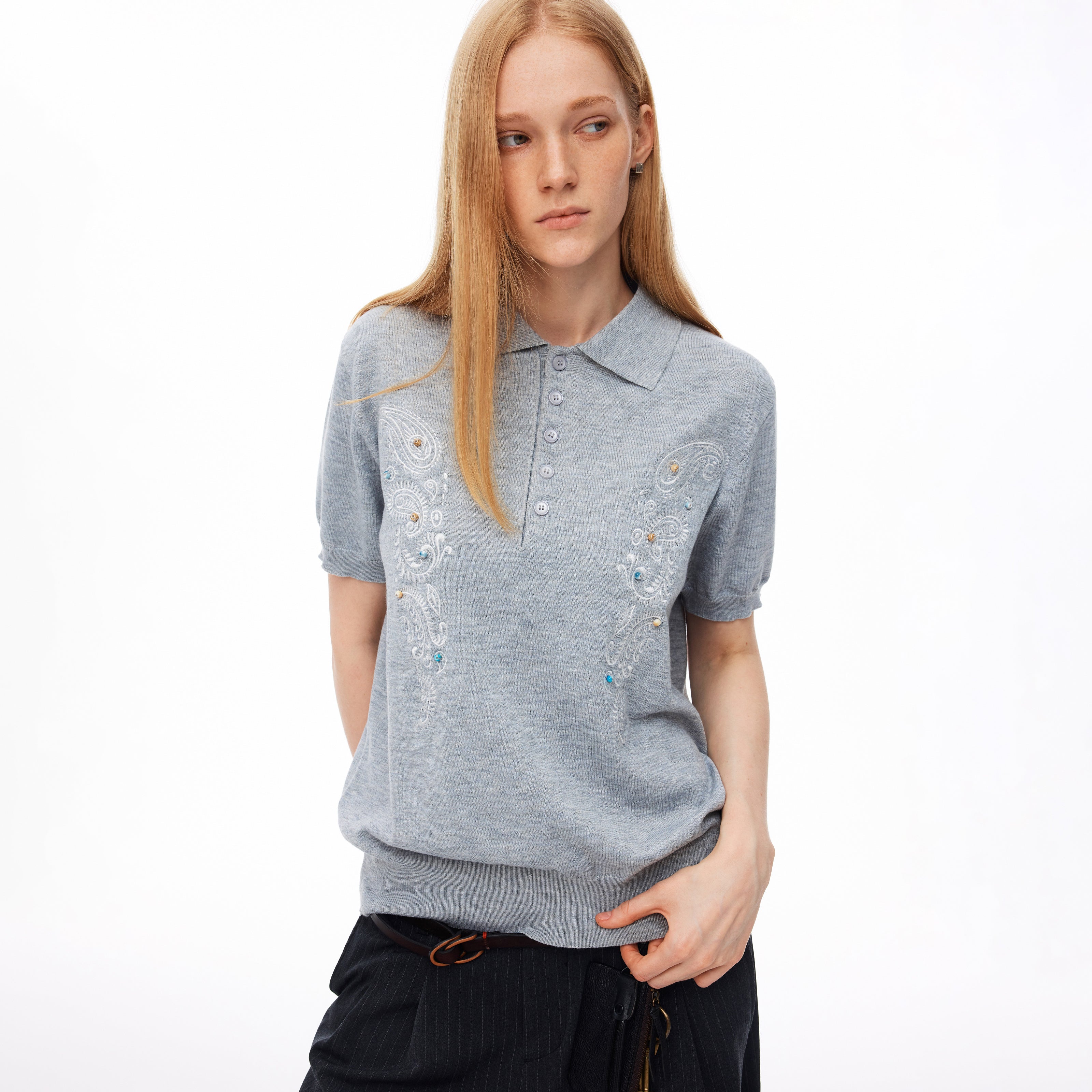 MADWITCH EMBROIDERED BEADED PAISLEY KNIT POLO #991358