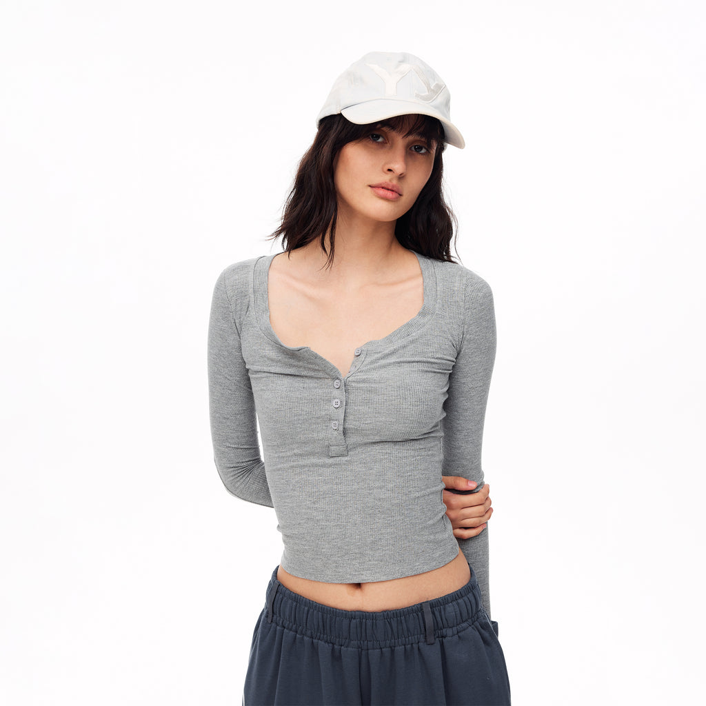 MADWITCH RIBBED U NECK HENLEY LONG SLEEVE TEE #G2079
