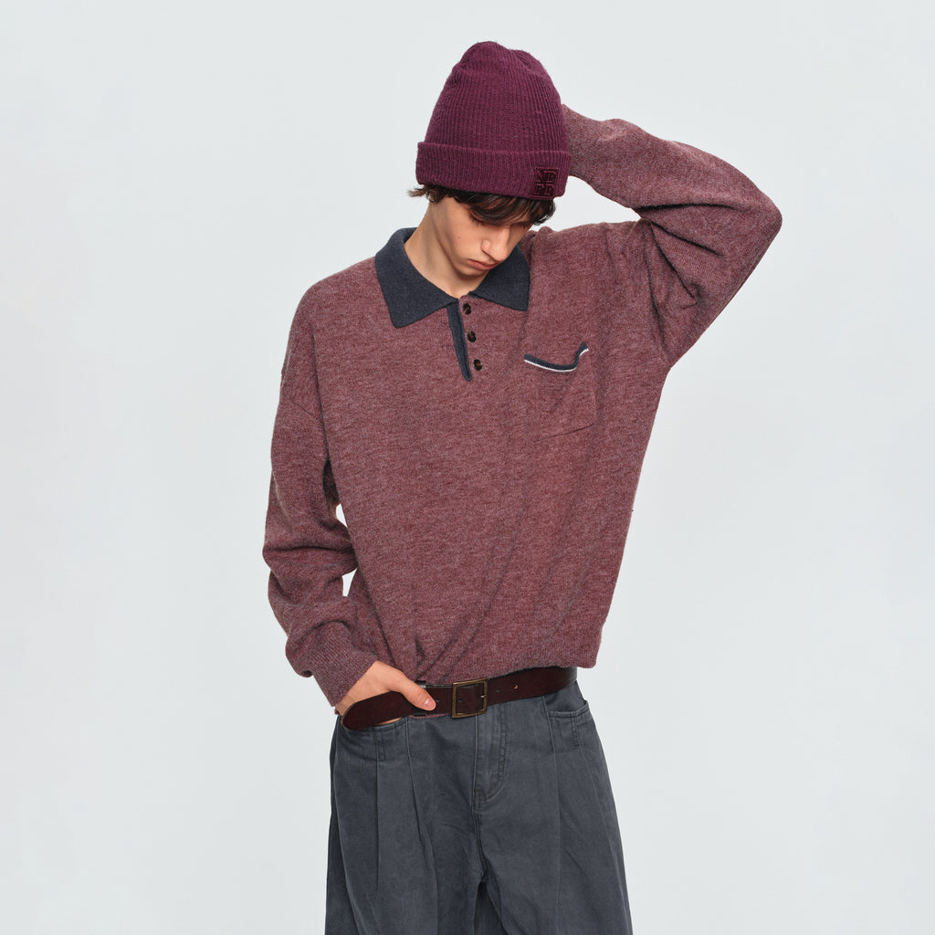 MADWITCH MARLED CONTRAST-COLLAR POLO SWEATER #AW26823