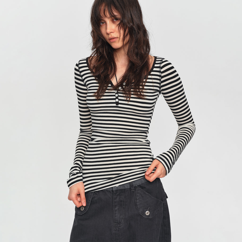 MADWITCH STRIPED LYOCELL HENLEY TEE #L2026530