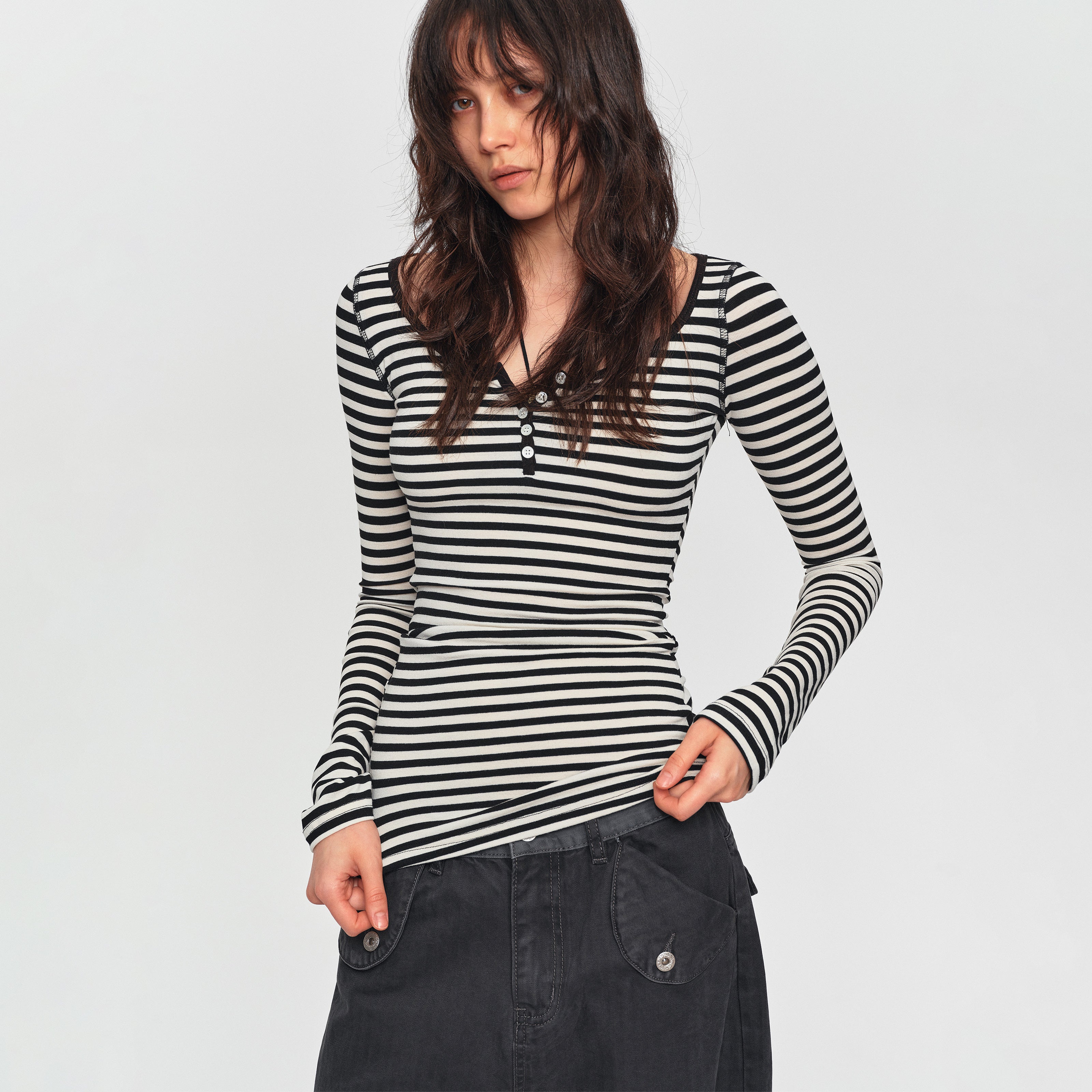 MADWITCH STRIPED LYOCELL HENLEY TEE #L2026530