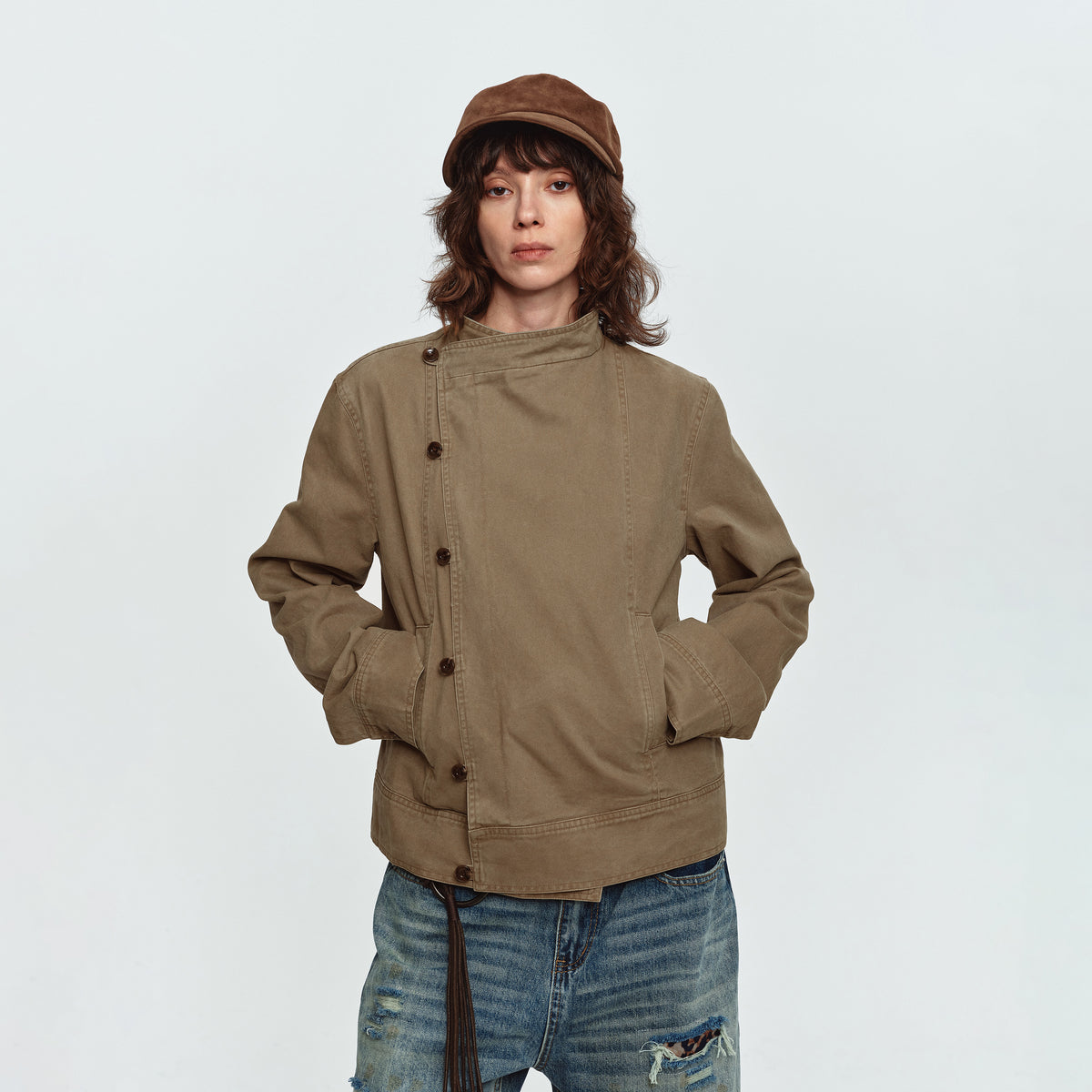 MADWITCH ASYMMETRIC WASHED STAND-COLLAR JACKET #N610