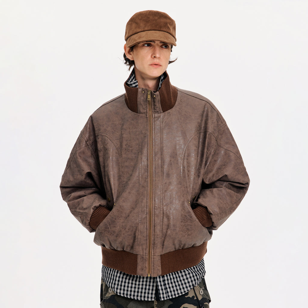 MADWITCH DISTRESSED PU STAND COLLAR JACKET #991101