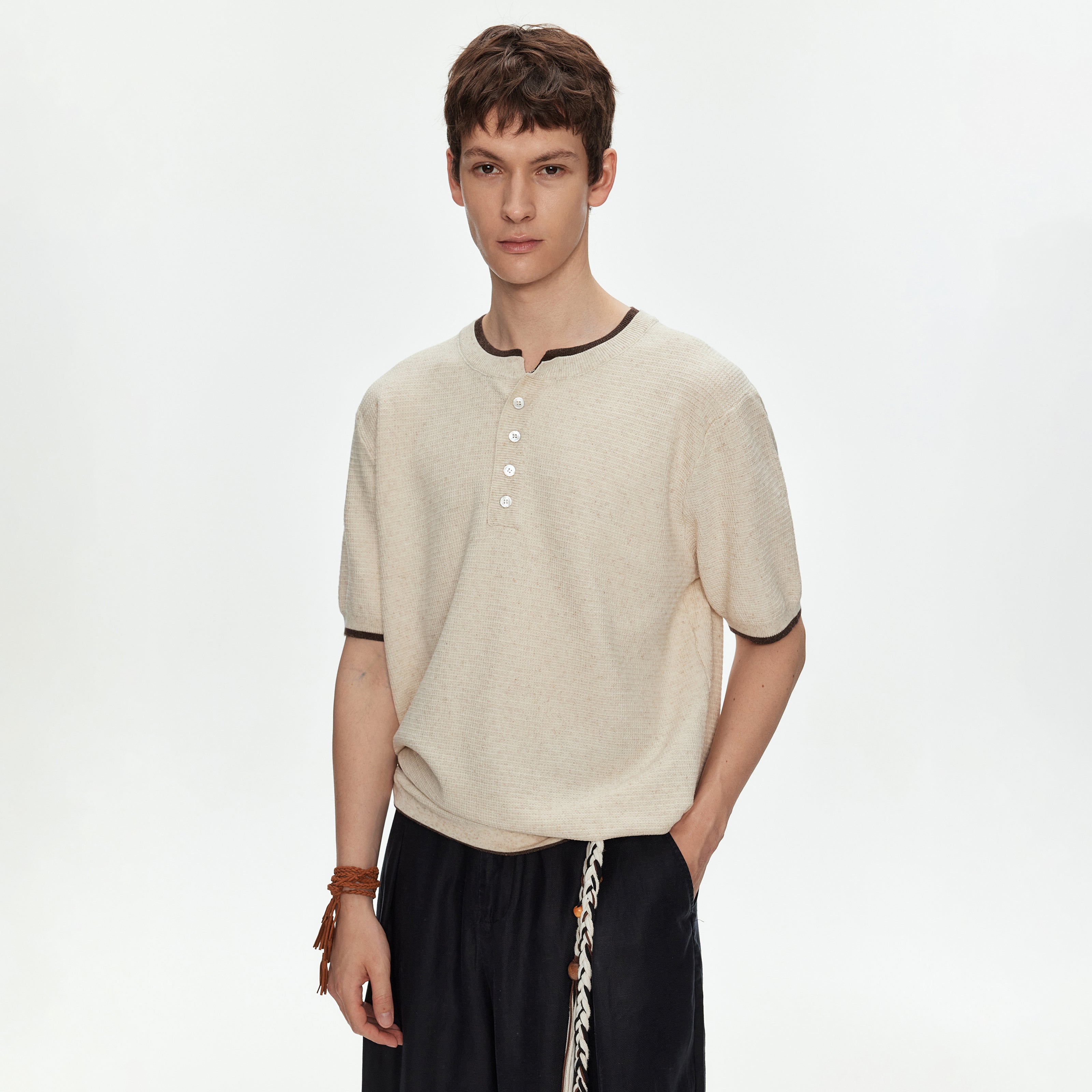 MADWITCH CONTRAST HENLEY KNIT T SHIRT #68695