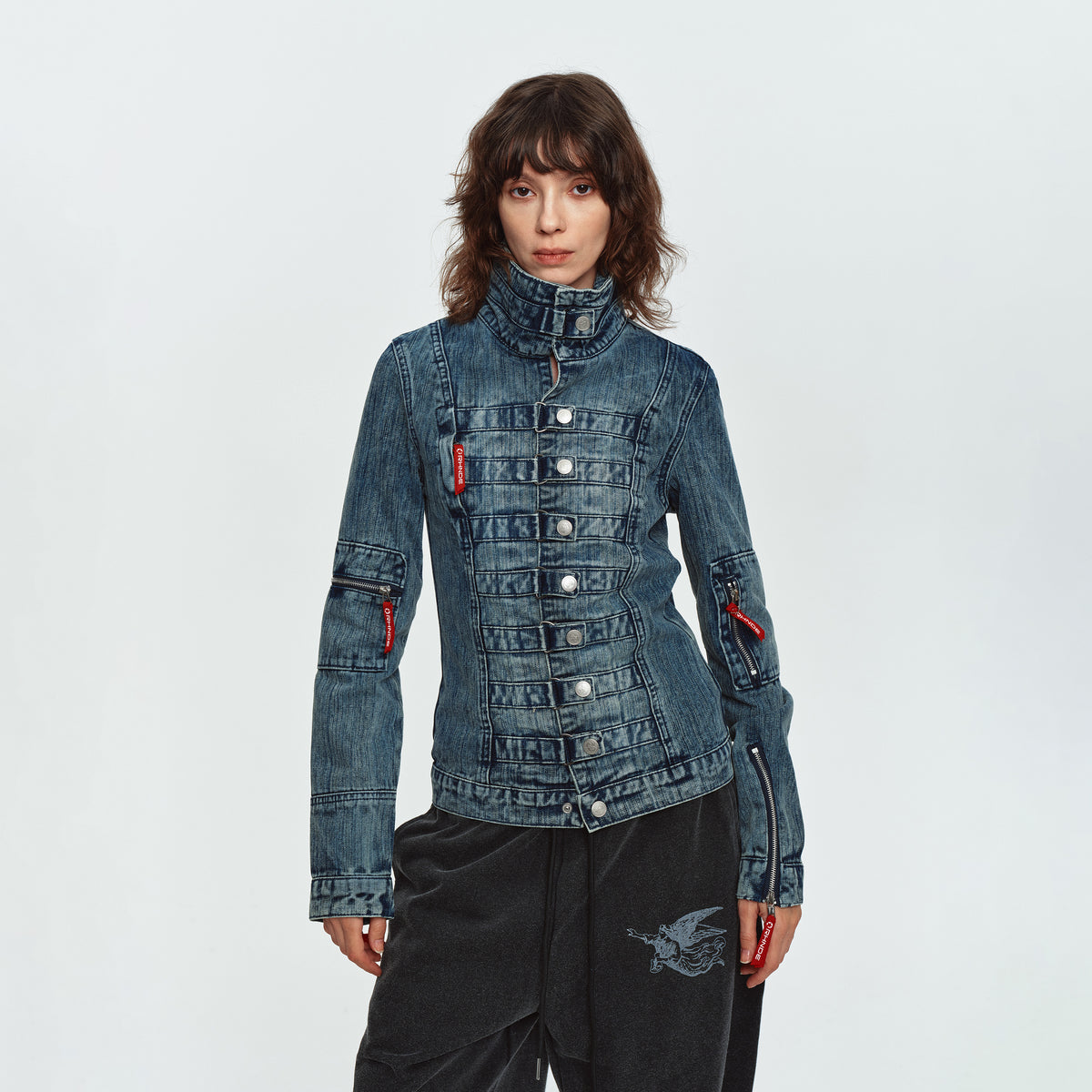 MADWITCH NAPOLEON-BUTTON WASHED CROPPED DENIM JACKET #2026126