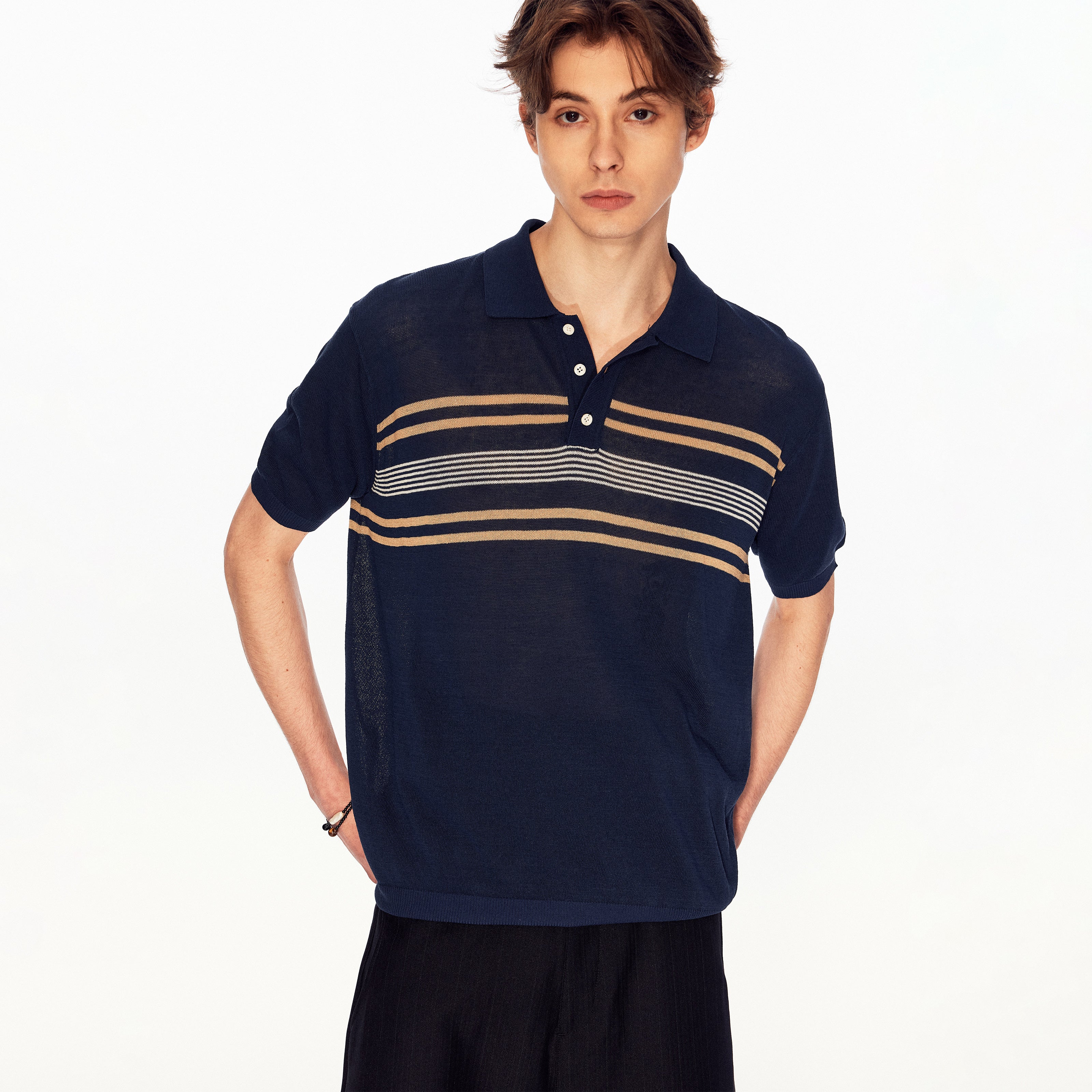MADWITCH STRIPED KNIT POLO TEE #27496