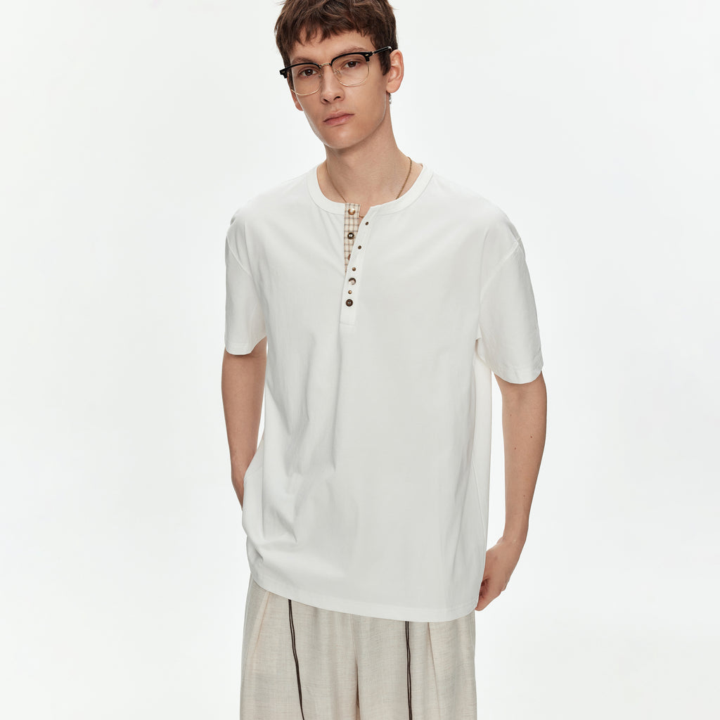 MADWITCH HENLEY NECK PLAID PLACKET TEE #991336
