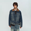 MADWITCH CONTRAST-COLLAR WASHED DISTRESSED DENIM JACKET #Z1650