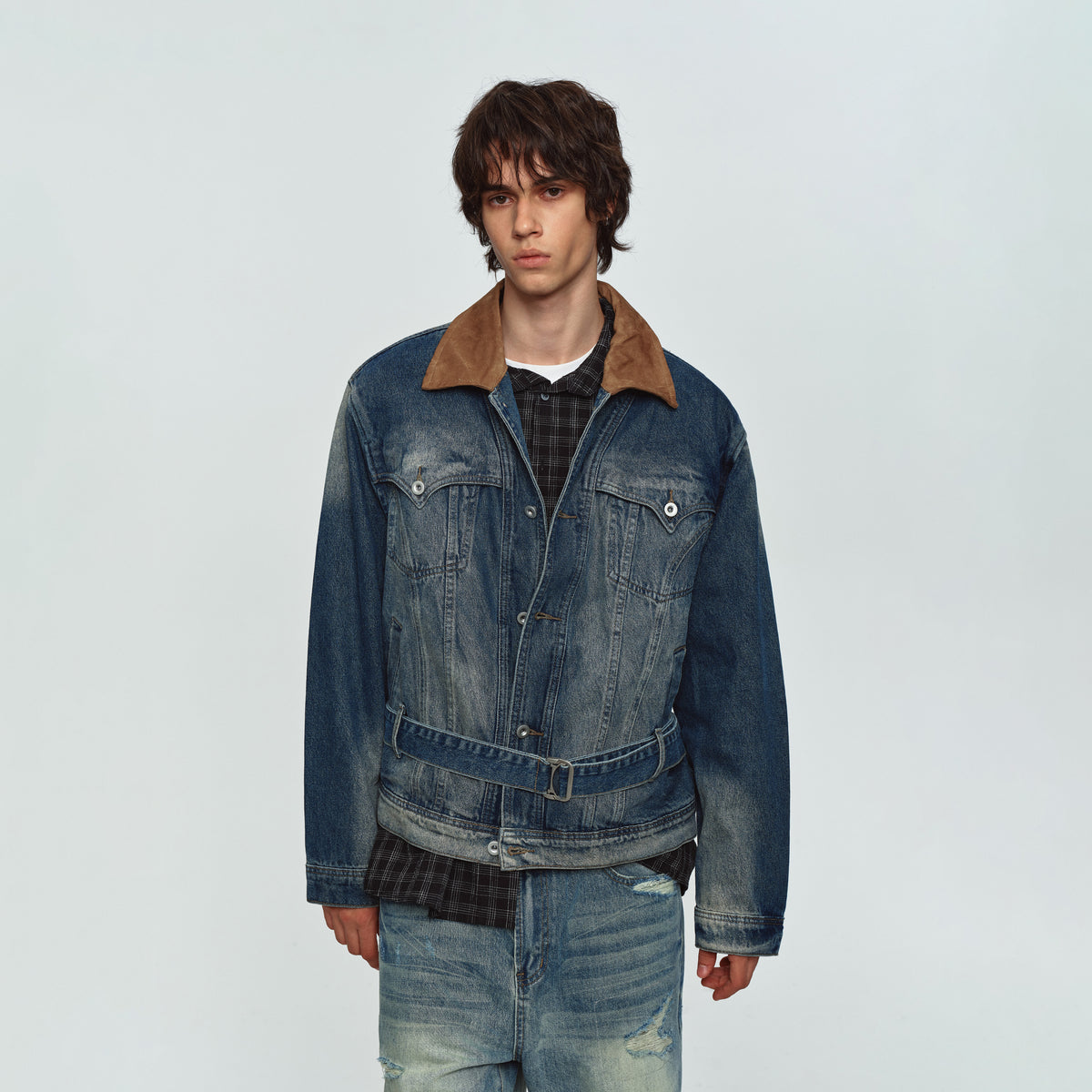 MADWITCH CONTRAST-COLLAR WASHED DISTRESSED DENIM JACKET #Z1650