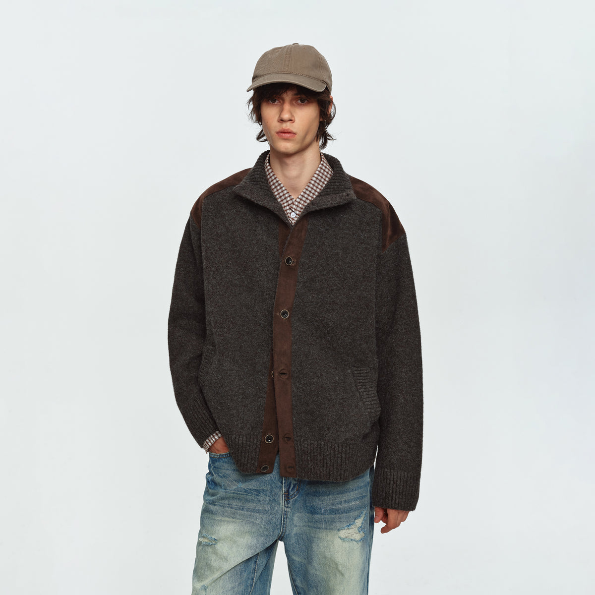 MADWITCH FAUX-SUEDE PANEL STAND-COLLAR KNIT CARDIGAN #991523