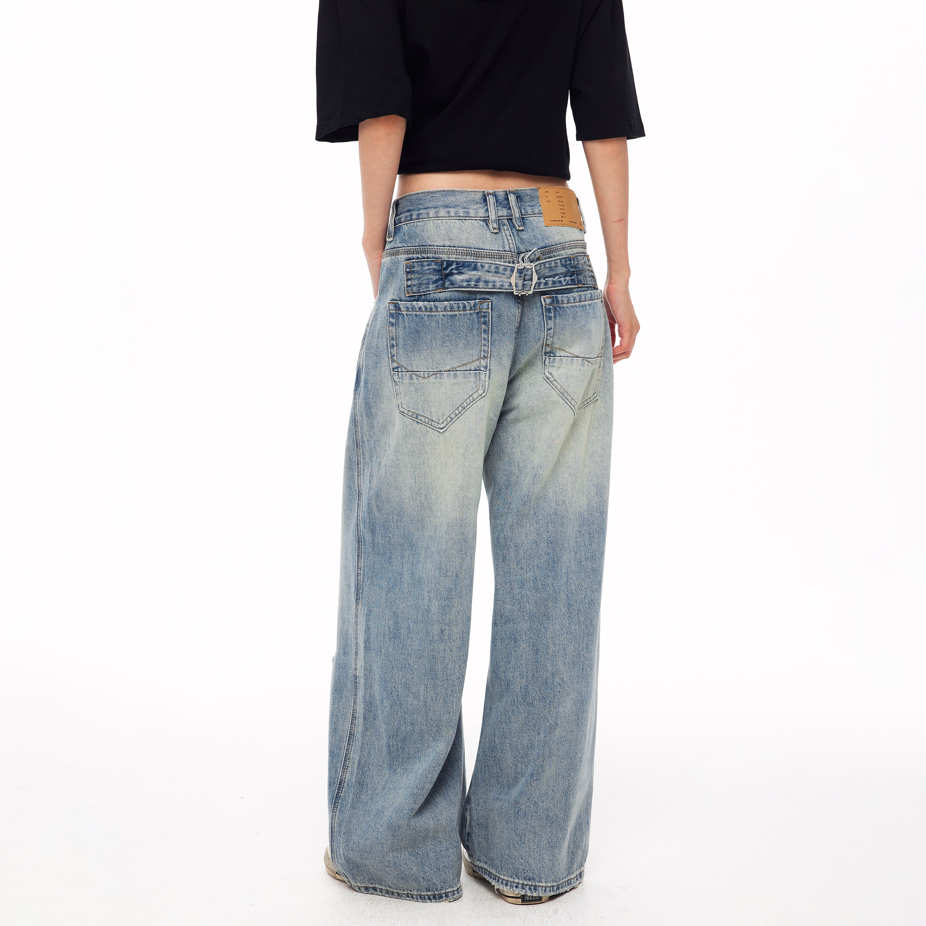 MADWITCH DISTRESSED BUCKLE-BACK WIDE-LEG JEANS #CK9839
