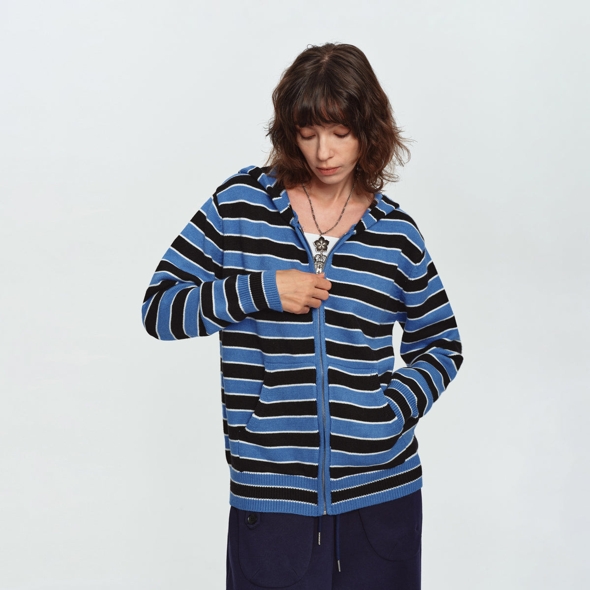 MADWITCH STRIPED EMBROIDERED ZIP HOODED CARDIGAN #L2026746