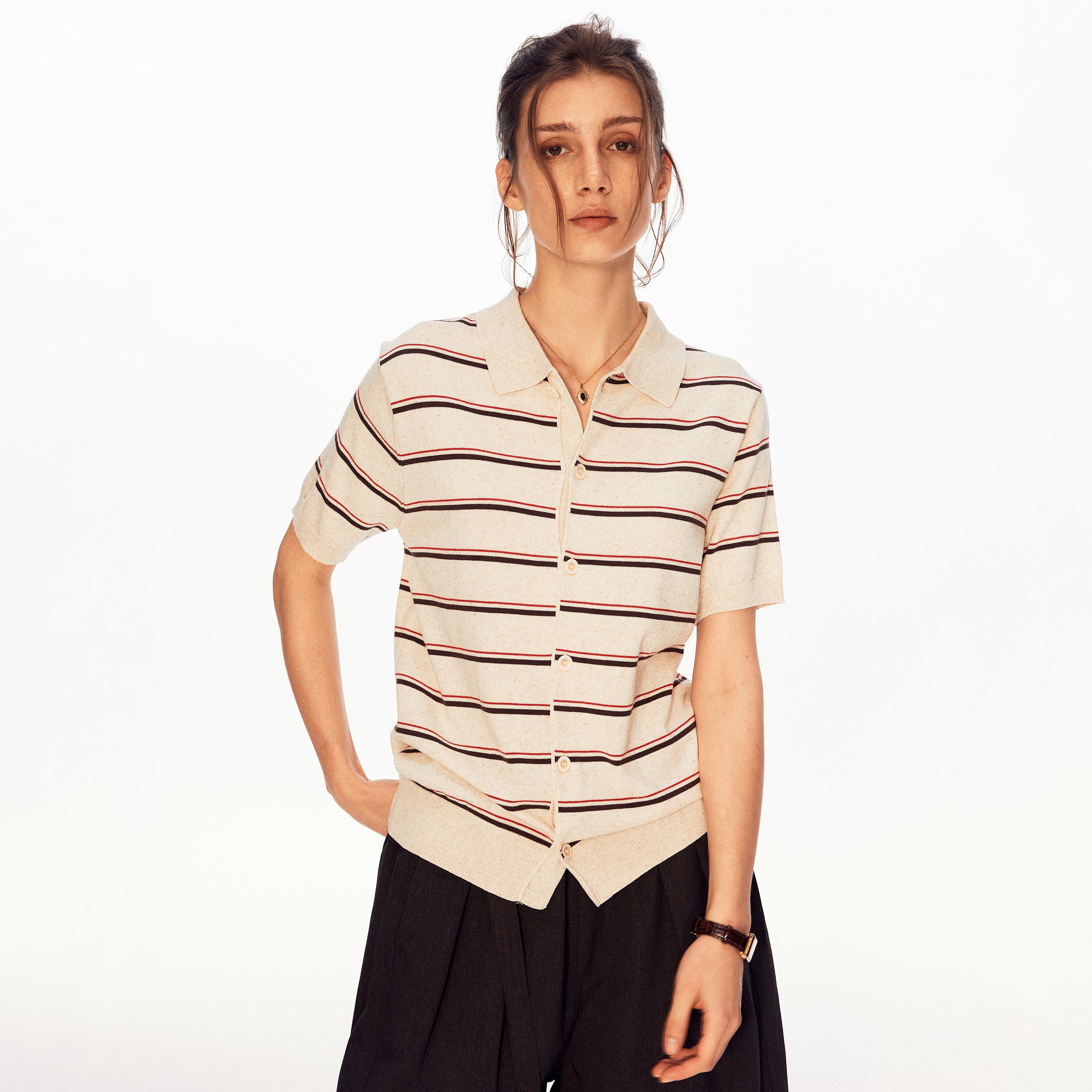 MADWITCH STRIPED LINEN POLO TEE #68693