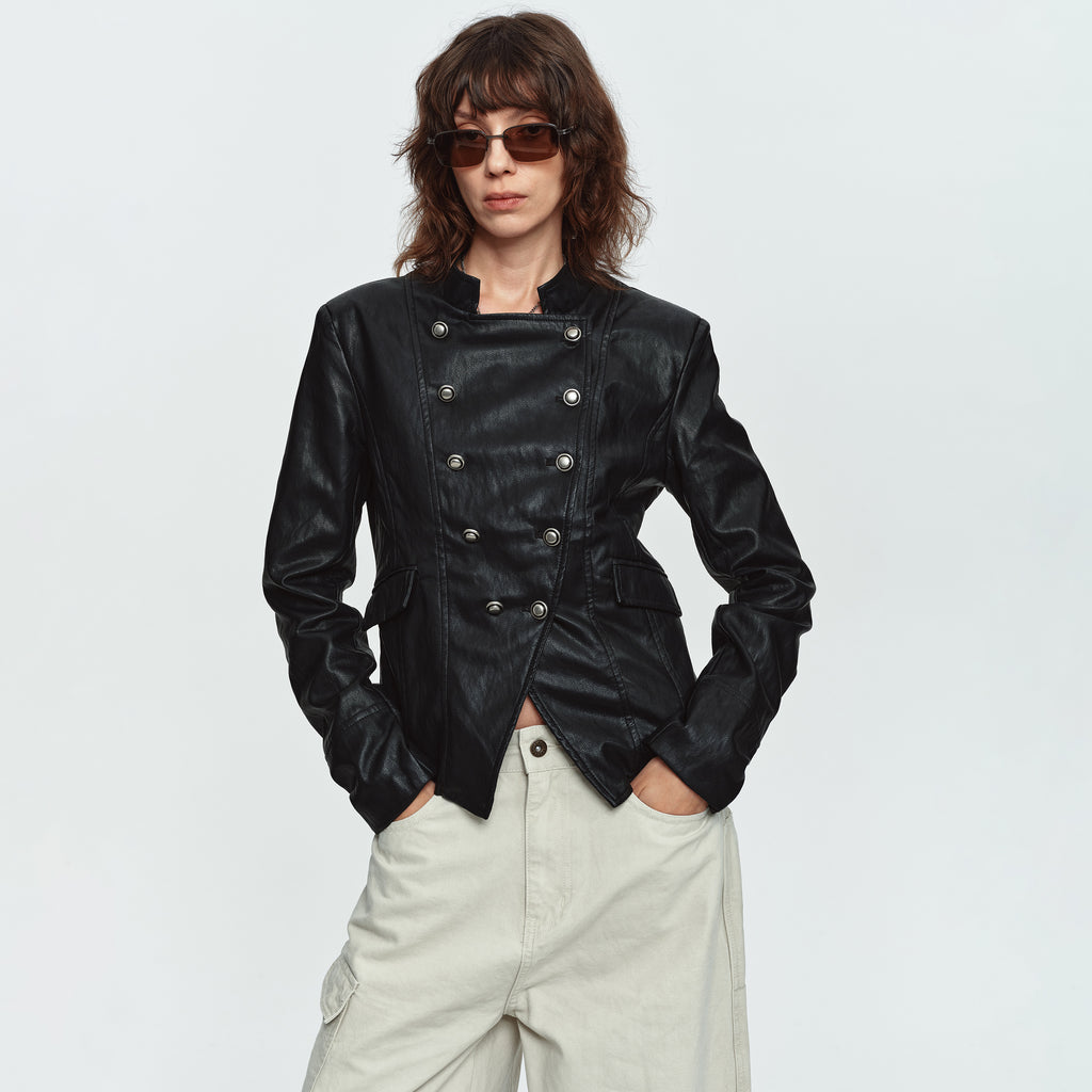 MADWITCH ASYMMETRIC DOUBLE-BREASTED CROPPED FAUX-LEATHER JACKET #C2026351