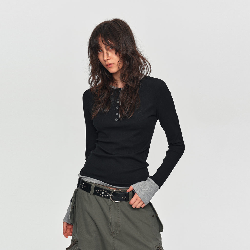 MADWITCH CONTRAST LAYERED RIB-KNIT HENLEY TOP #DD3422