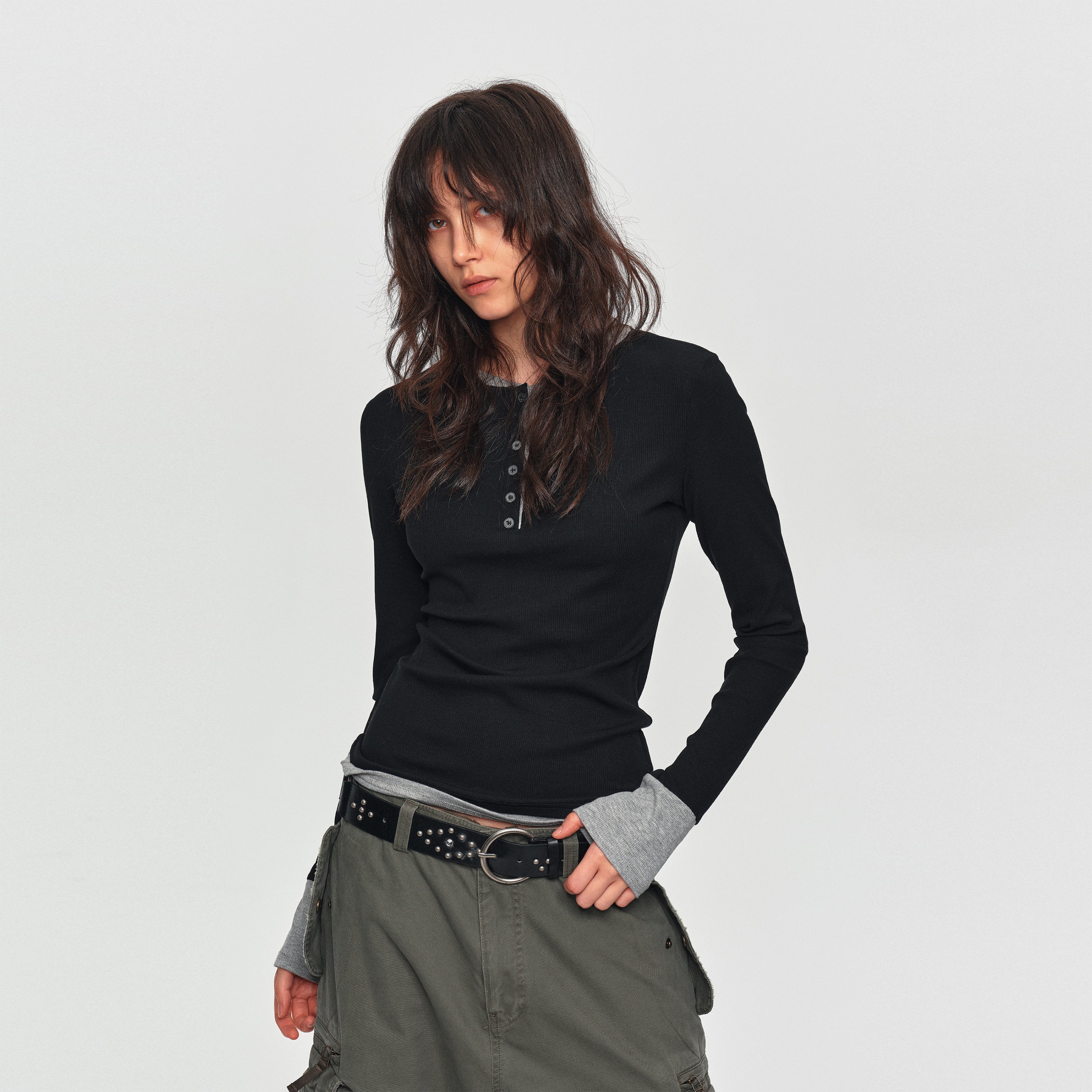 MADWITCH CONTRAST LAYERED RIB-KNIT HENLEY TOP #DD3422