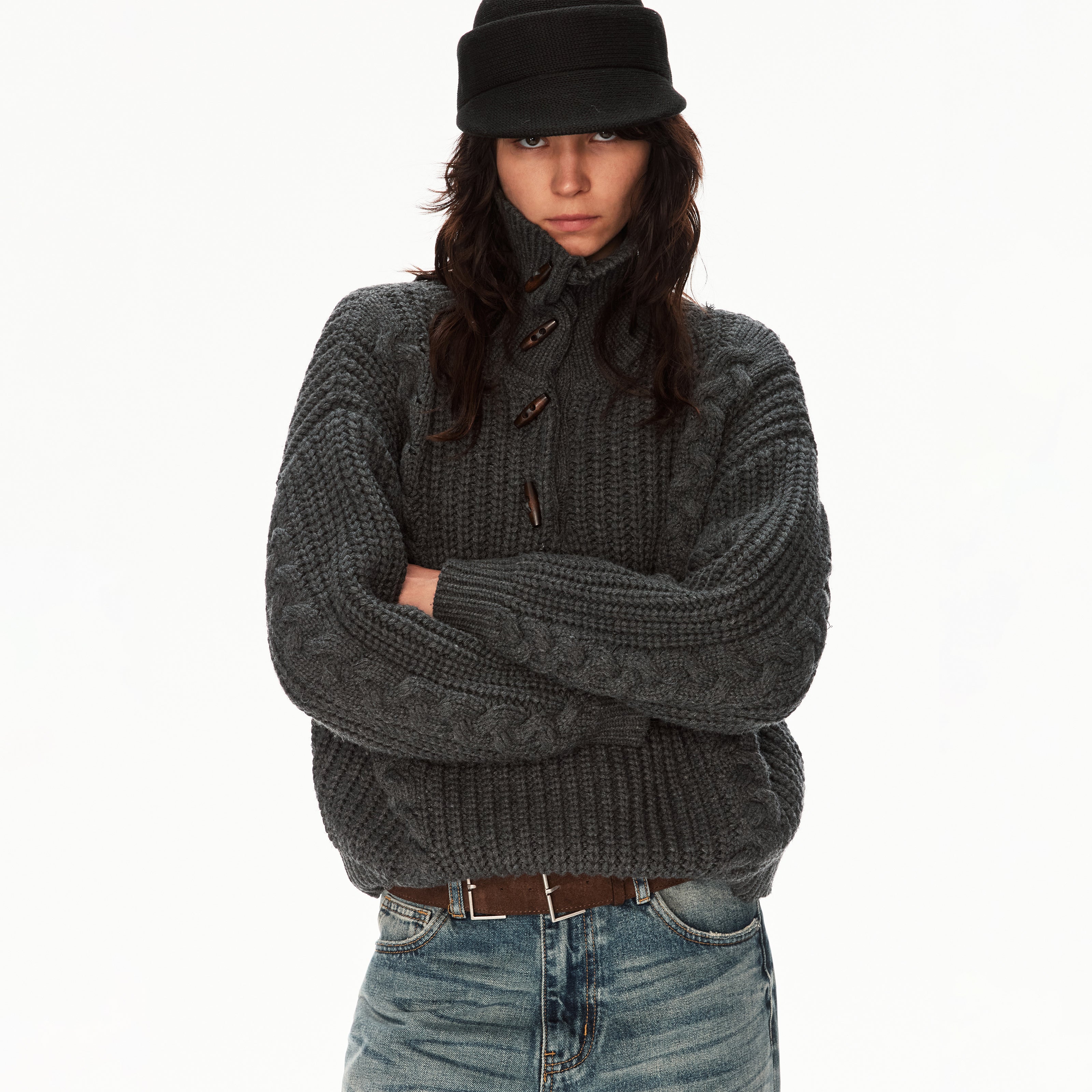 MADWITCH CABLE KNIT STAND COLLAR SWEATER #MY25612