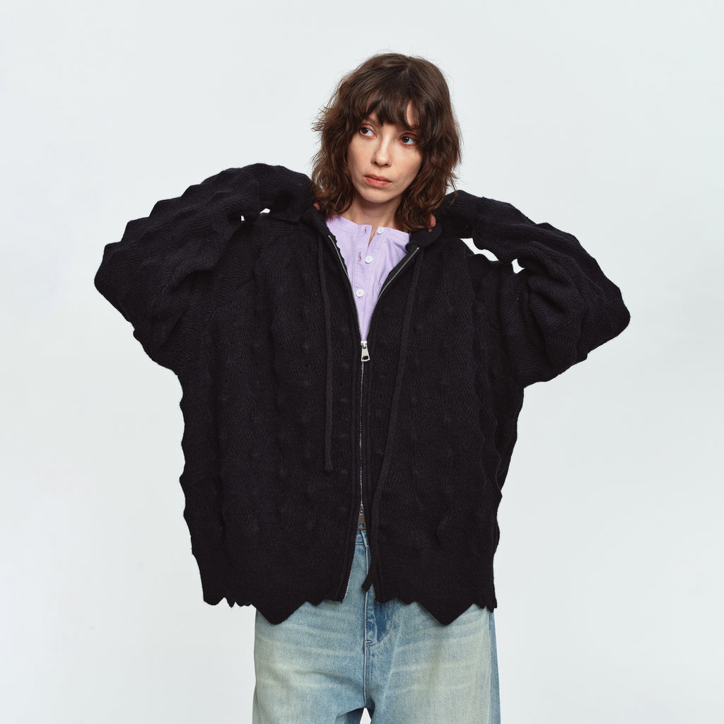 MADWITCH ASYMMETRIC CABLE-KNIT HOODED CARDIGAN #L2026708