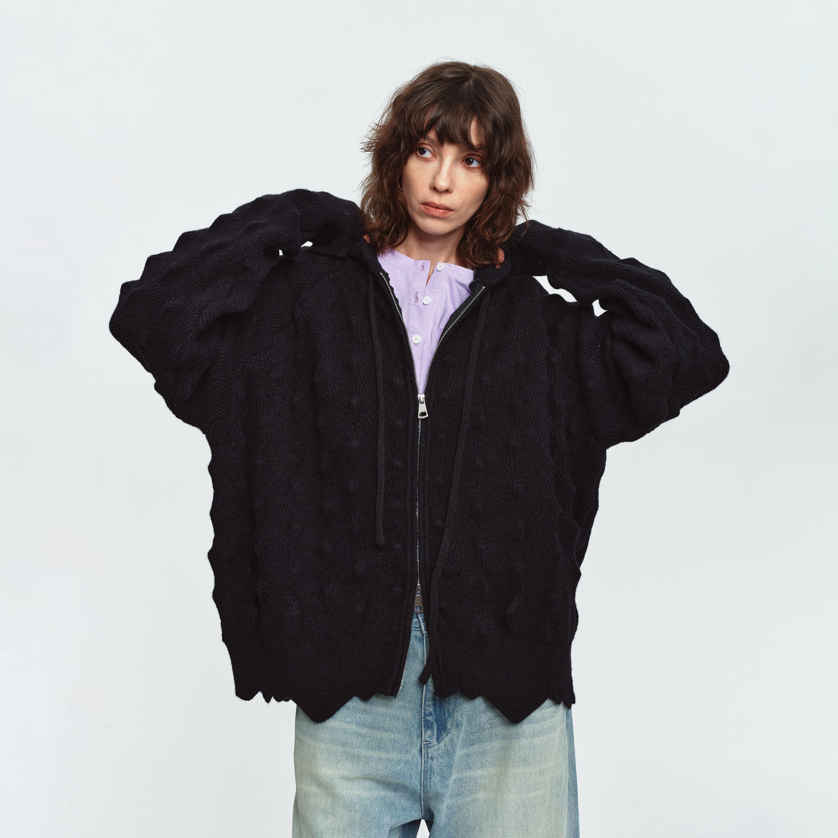 MADWITCH ASYMMETRIC CABLE-KNIT HOODED CARDIGAN #L2026708