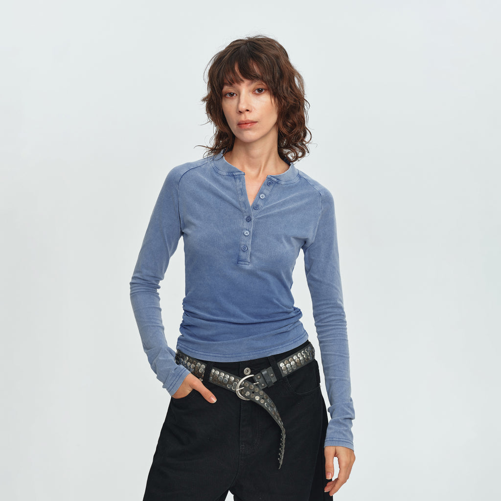 MADWITCH WASHED RAGLAN CROPPED HENLEY TOP #2026713