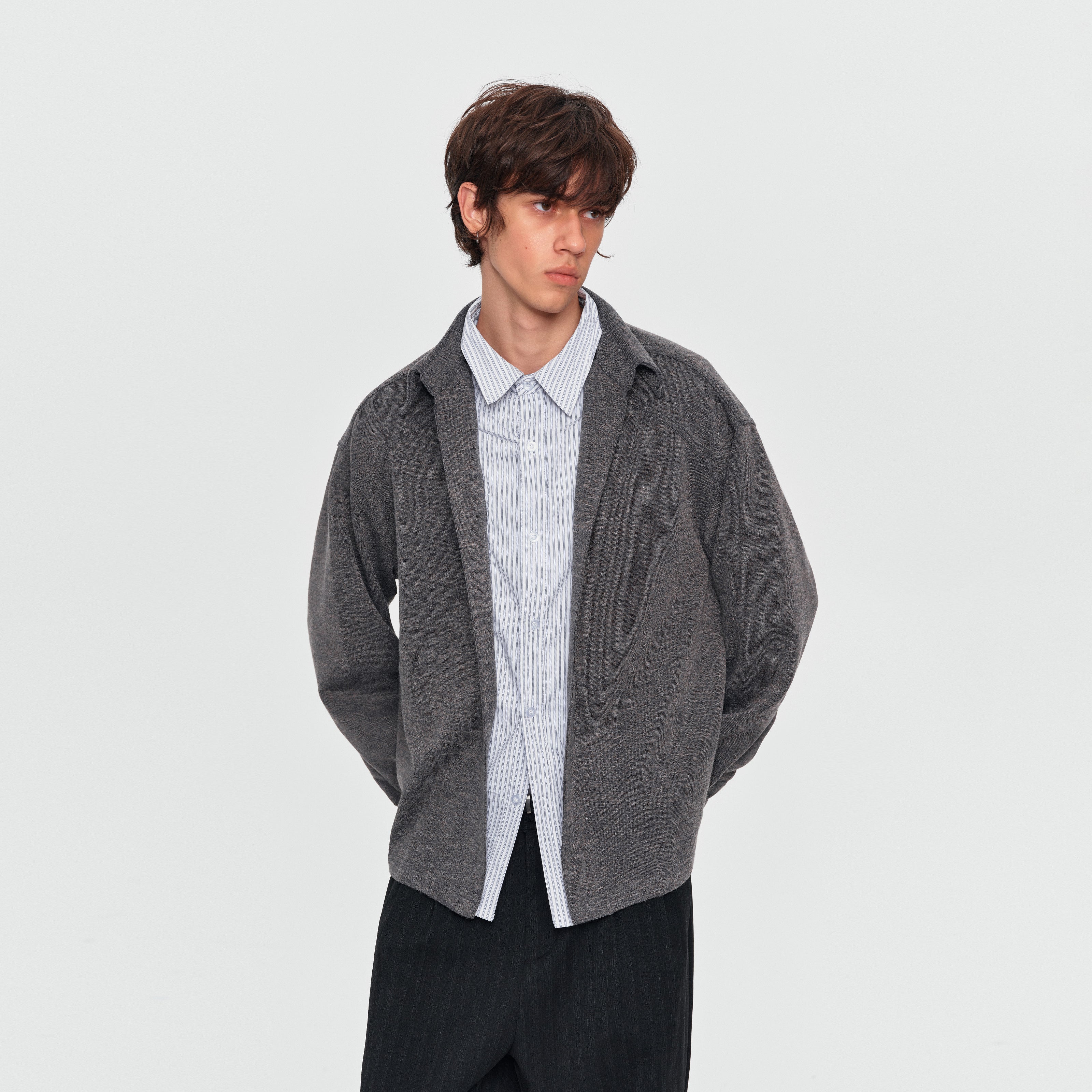 MADWITCH LAYERED BUTTONED COLLAR TEXTURED KNIT SWEATSHIRT #880813