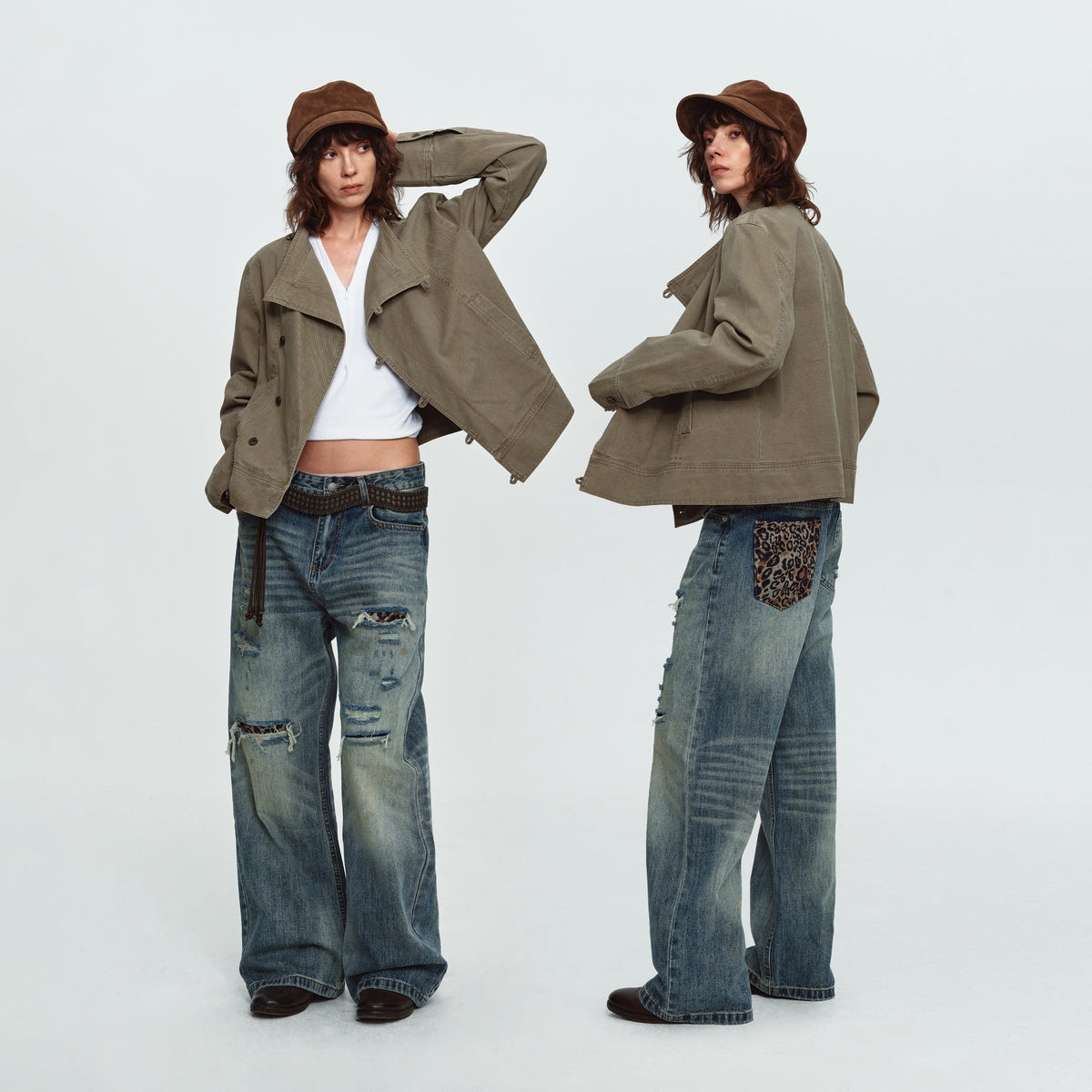 MADWITCH LEOPARD-POCKET DISTRESSED WIDE-LEG JEANS #G60073