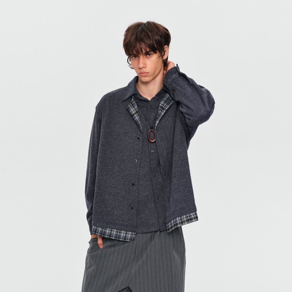 MADWITCH LAYERED PLAID-COLLAR BUTTONED SWEATSHIRT #880936