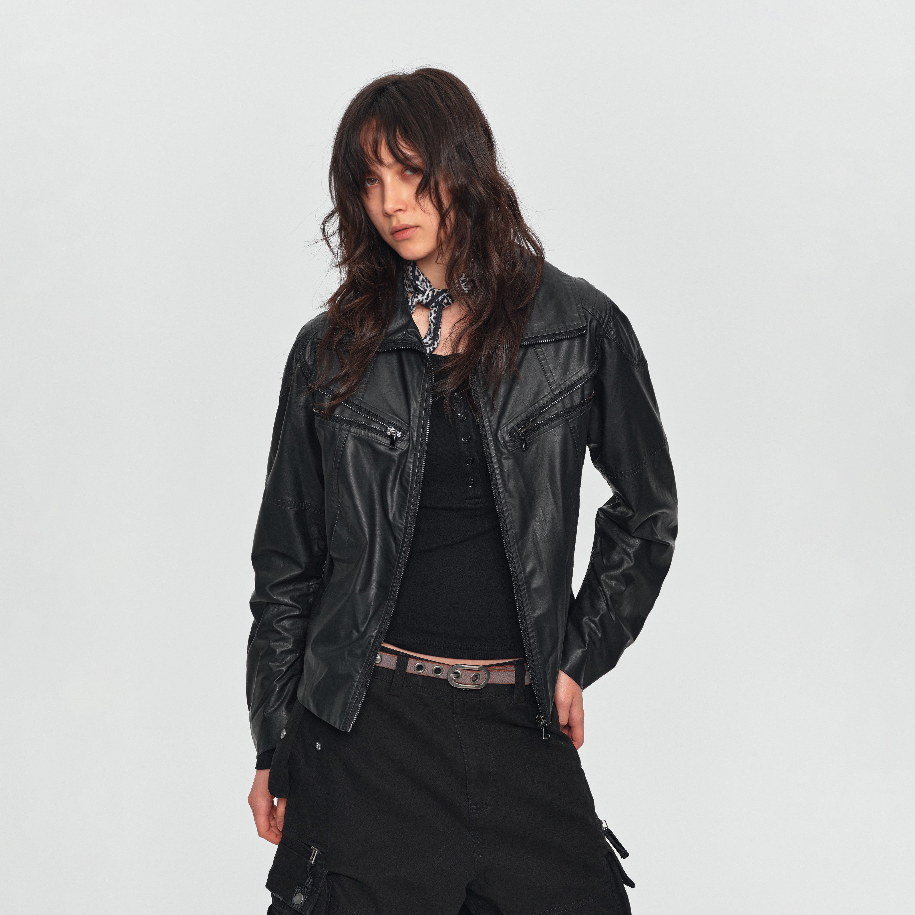 MADWITCH DISTRESSED MULTI-ZIP STAND-COLLAR LEATHER MOTO JACKET #251623