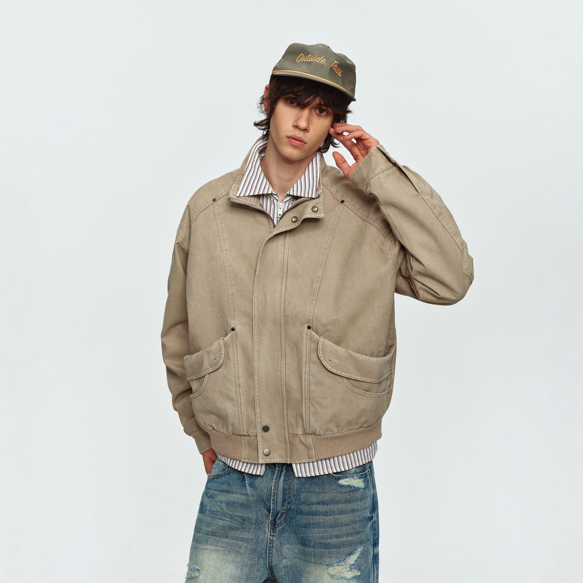 MADWITCH WASHED DISTRESSED CINCHED CROPPED UTILITY JACKET #AW26121