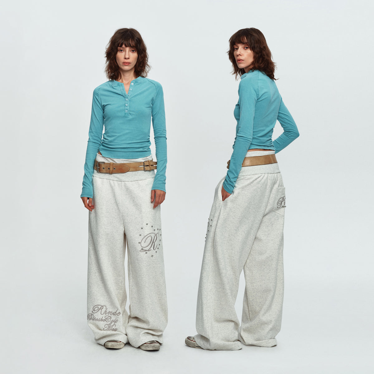 MADWITCH STUDDED FOLD-OVER WIDE-LEG SWEATPANTS #L2026617