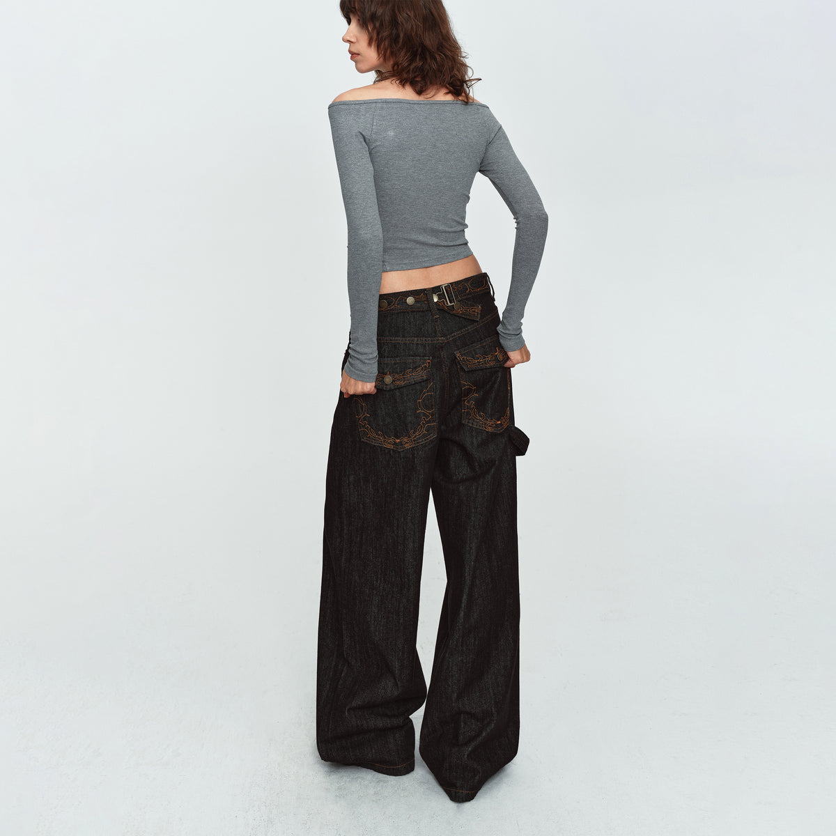 MADWITCH BACK-EMBROIDERED RAW-DENIM WIDE-LEG JEANS #DR8219