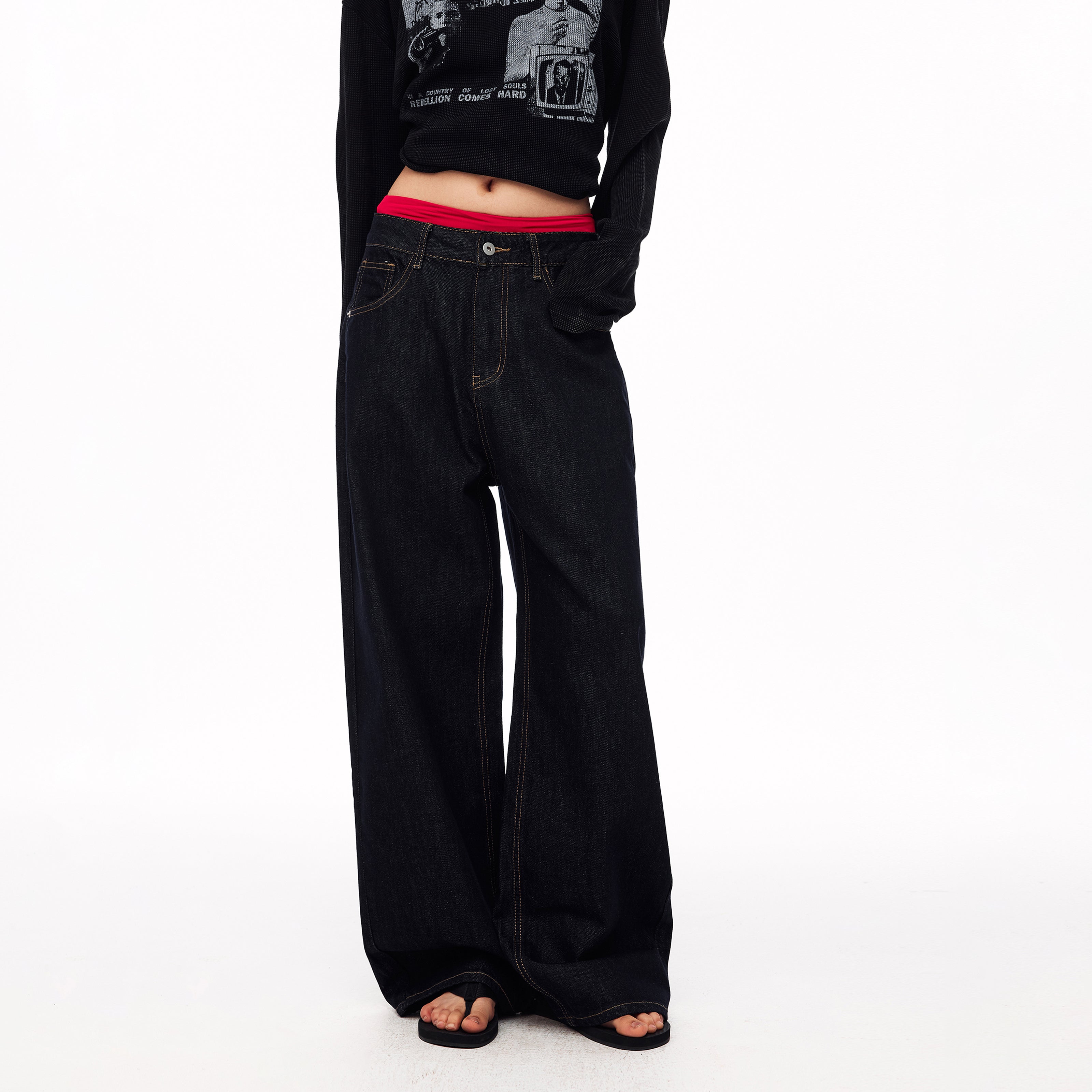 MADWITCH EMBROIDERED BACK-WAIST WIDE-LEG JEANS #WHOA158
