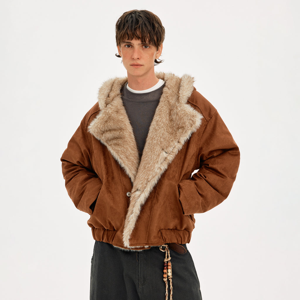 MADWITCH SUEDE HOODED QUILTED FUR JACKET #AW25505