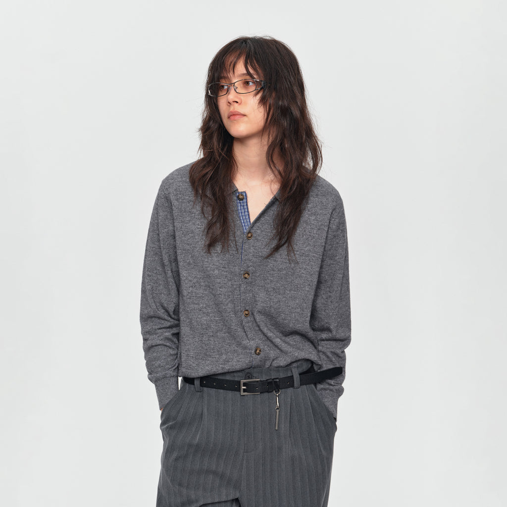 MADWITCH CONTRAST-PLACKET PLAID WOOL-BLEND CARDIGAN #11888