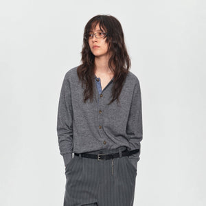 MADWITCH CONTRAST-PLACKET PLAID WOOL-BLEND CARDIGAN #11888