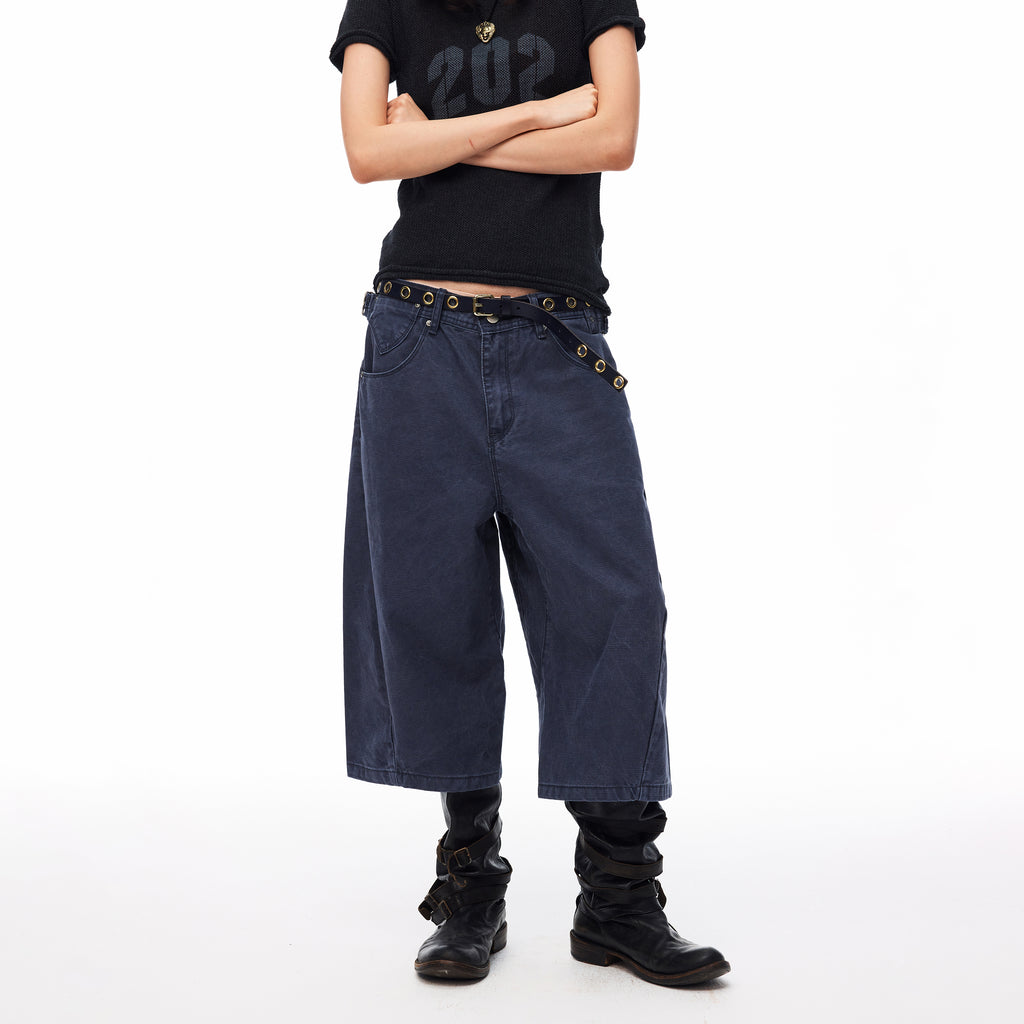 MADWITCH WASHED DISTRESSED ADJUSTABLE CAPRI PANTS #GPC9850D