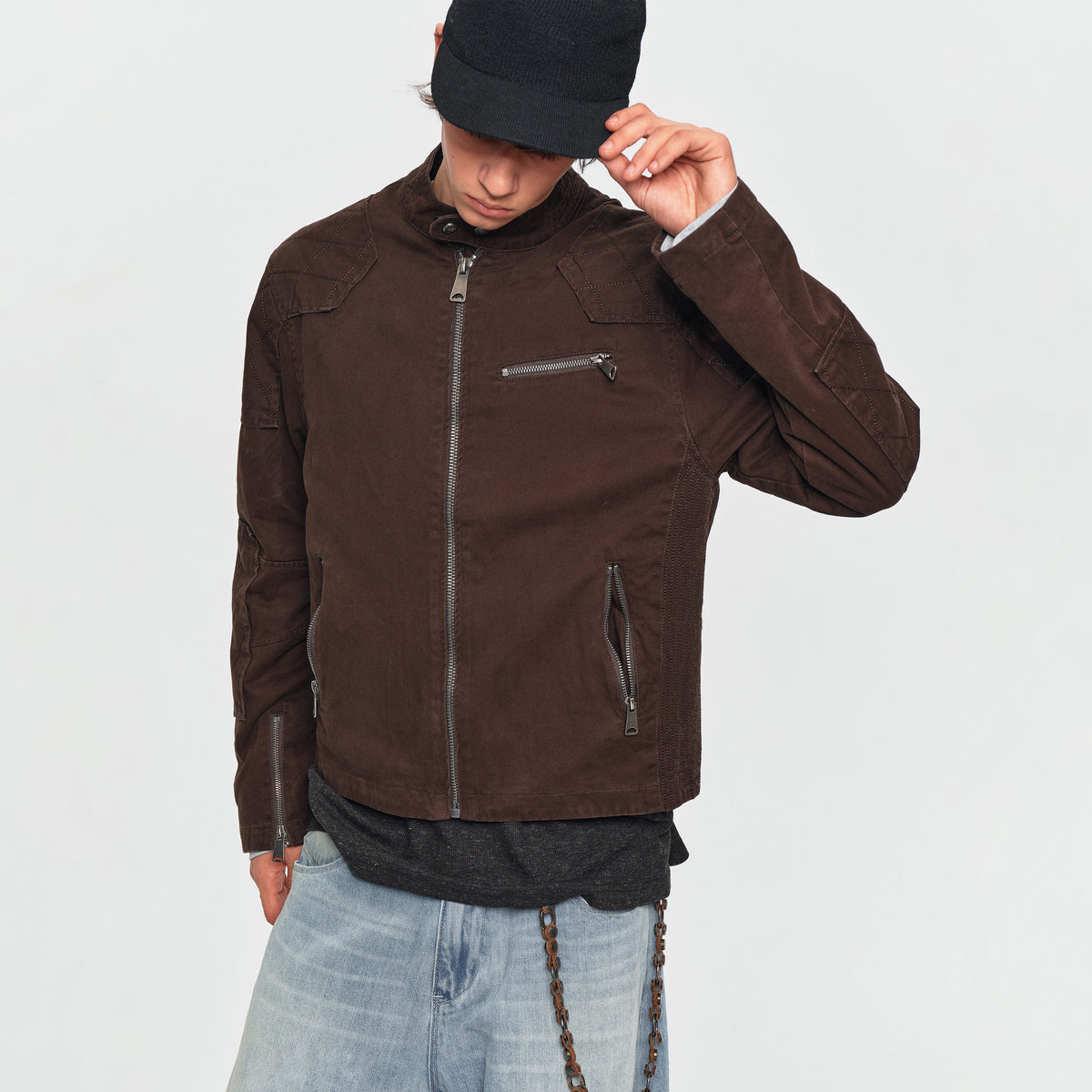 MADWITCH QUILTED WASHED MULTI-ZIP CROPPED MOTO JACKET #IN068