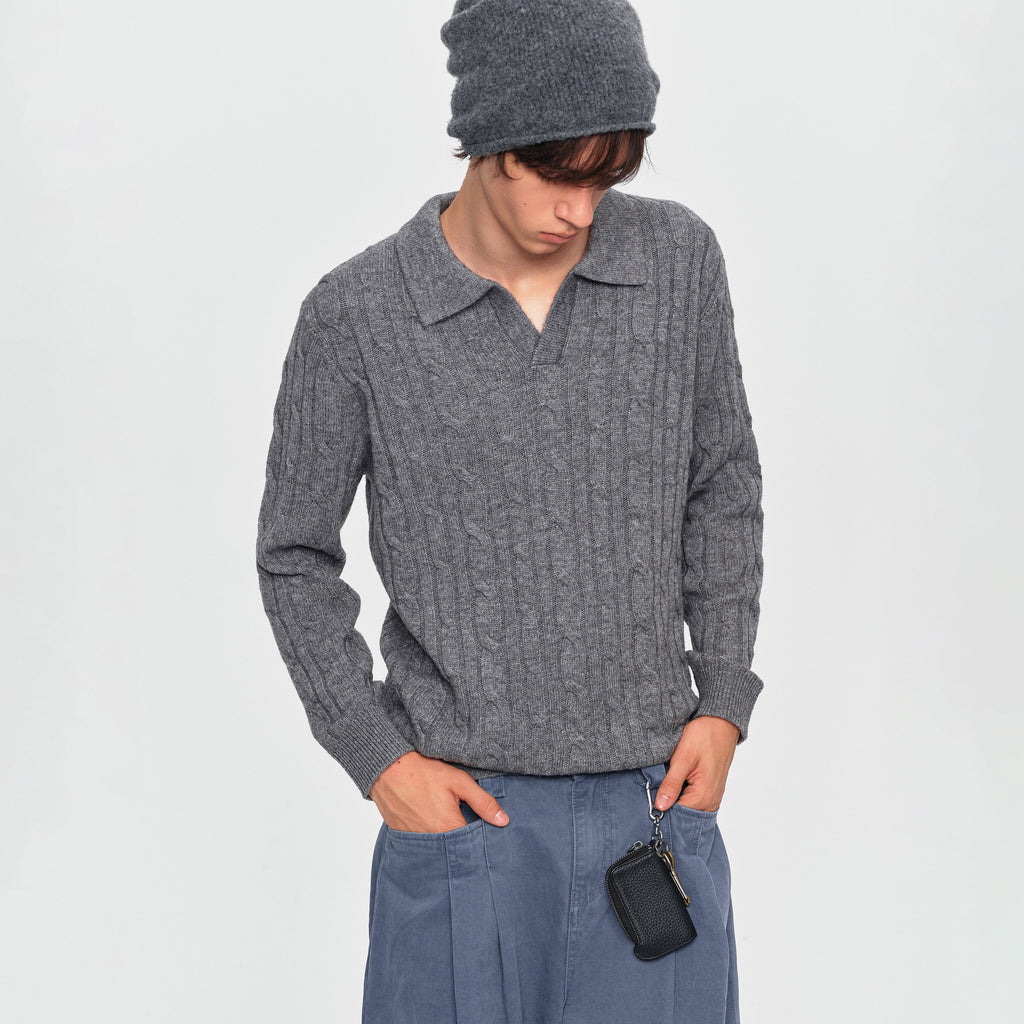 MADWITCH TEXTURED CABLE-KNIT WOOL-BLEND POLO SWEATER #11892