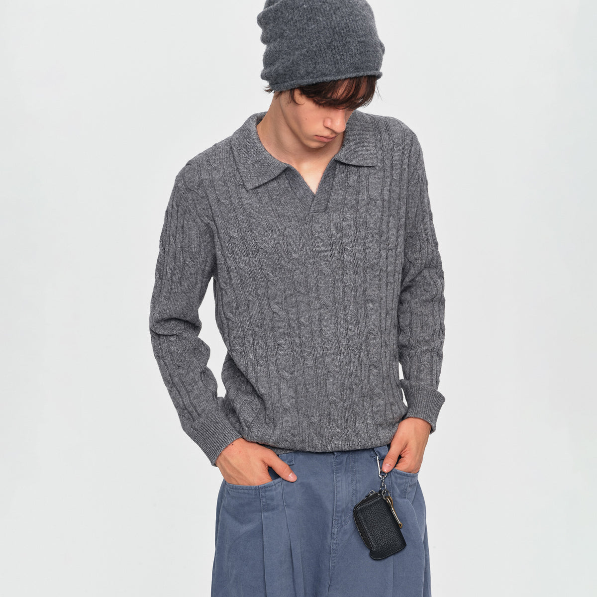 MADWITCH TEXTURED CABLE-KNIT WOOL-BLEND POLO SWEATER #11892