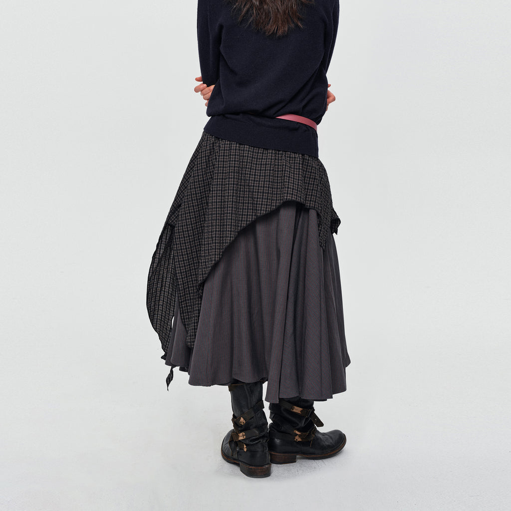 MADWITCH ASYMMETRIC LAYERED PLAID FLARE MIDI SKIRT #K102