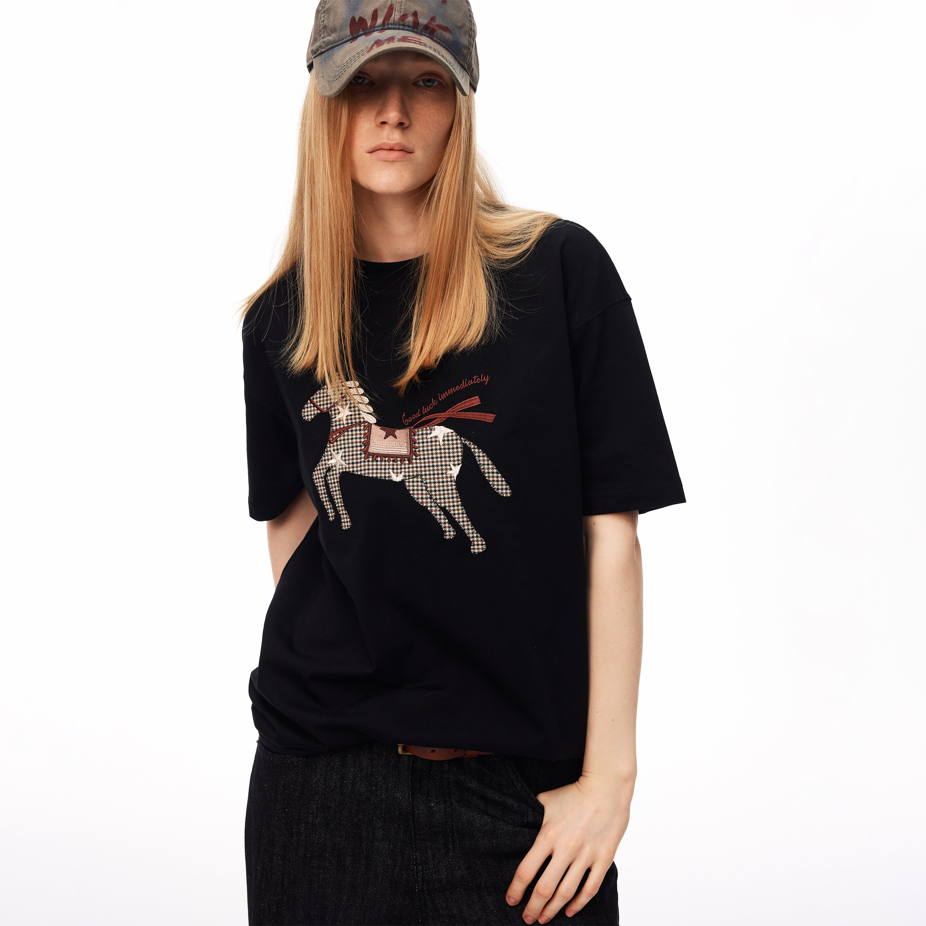 MADWITCH PLAID HORSE PATCH EMBROIDERED TEE #880898