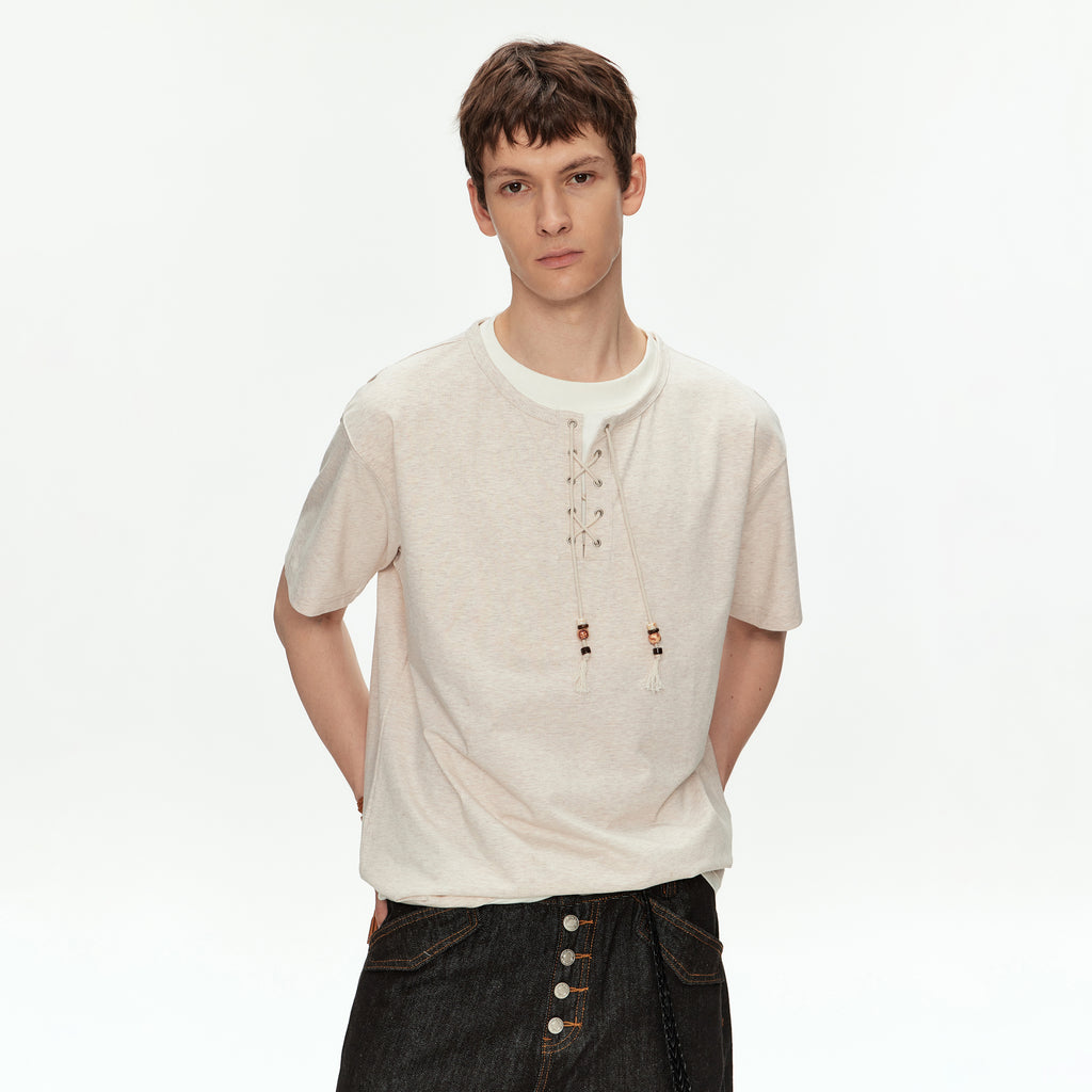 MADWITCH HENLEY NECK BEADED T SHIRT #991262