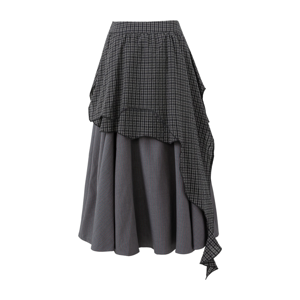 MADWITCH ASYMMETRIC LAYERED PLAID FLARE MIDI SKIRT #K102