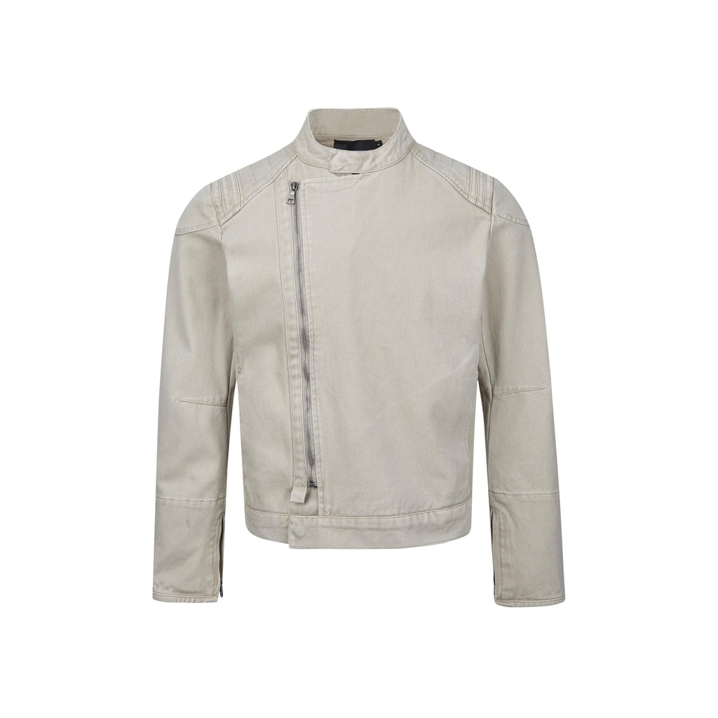 MADWITCH ASYMMETRIC-ZIP WASHED STAND-COLLAR CROPPED MOTO JACKET #261627