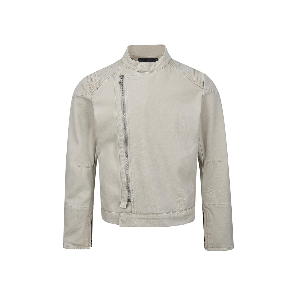 MADWITCH ASYMMETRIC-ZIP WASHED STAND-COLLAR CROPPED MOTO JACKET #261627