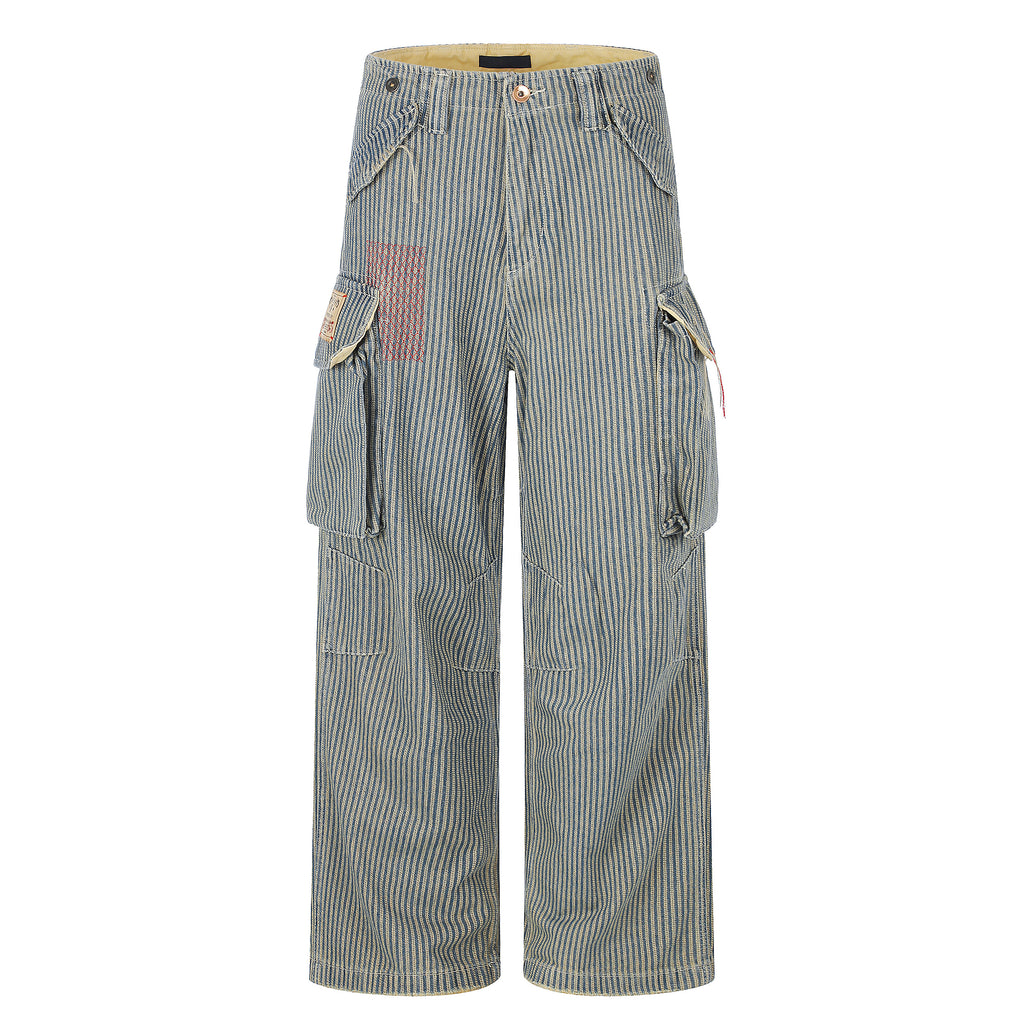 MADWITCH WASHED STRIPED MULTI-POCKET CARGO PANTS #CK9860