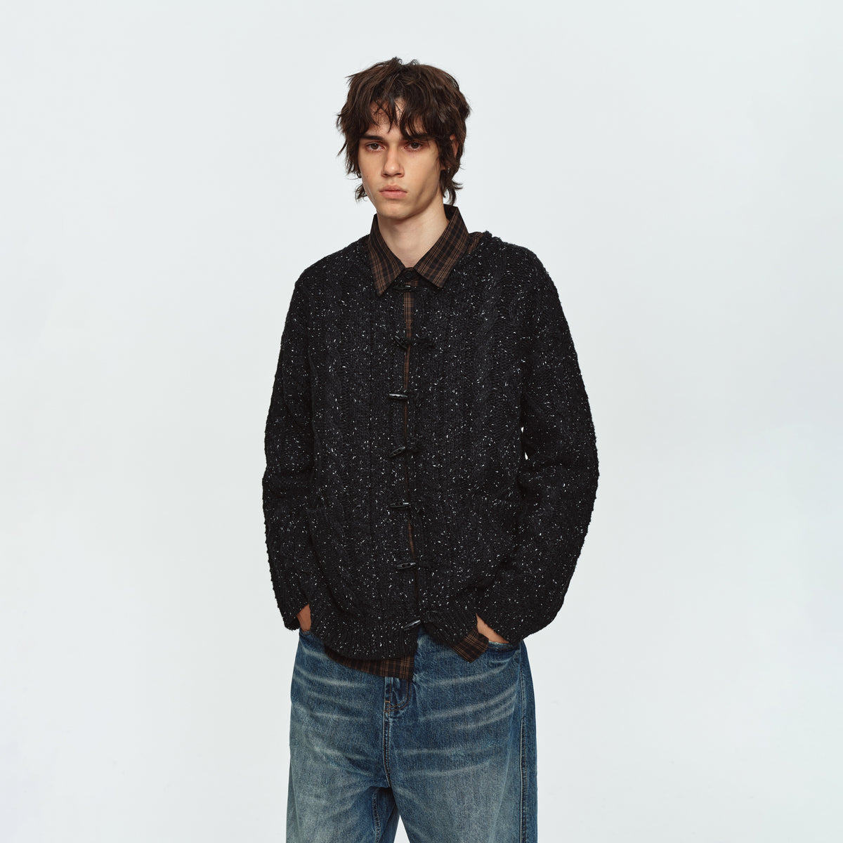 MADWITCH CABLE-KNIT HORN-BUTTON RELAXED SWEATER #9935