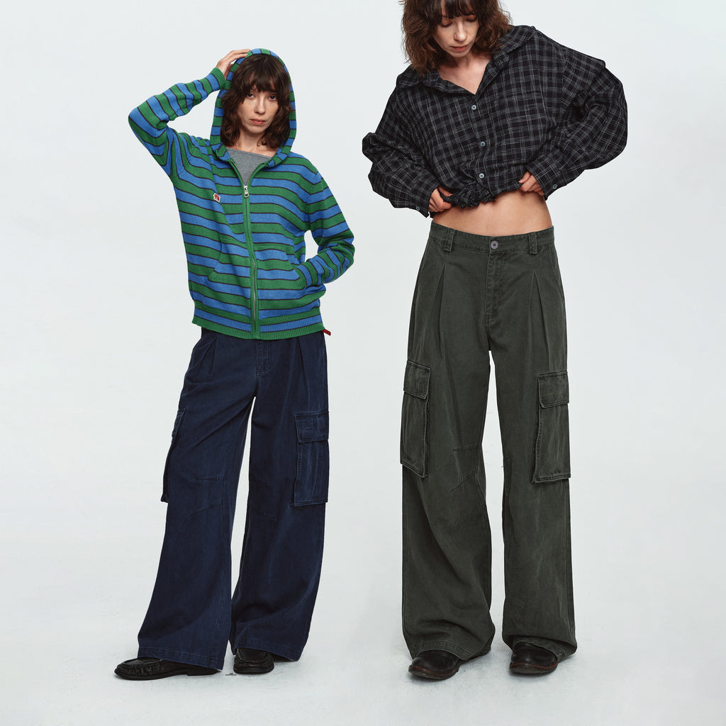 MADWITCH PLEATED WASHED CARGO WIDE-LEG TROUSERS #7621