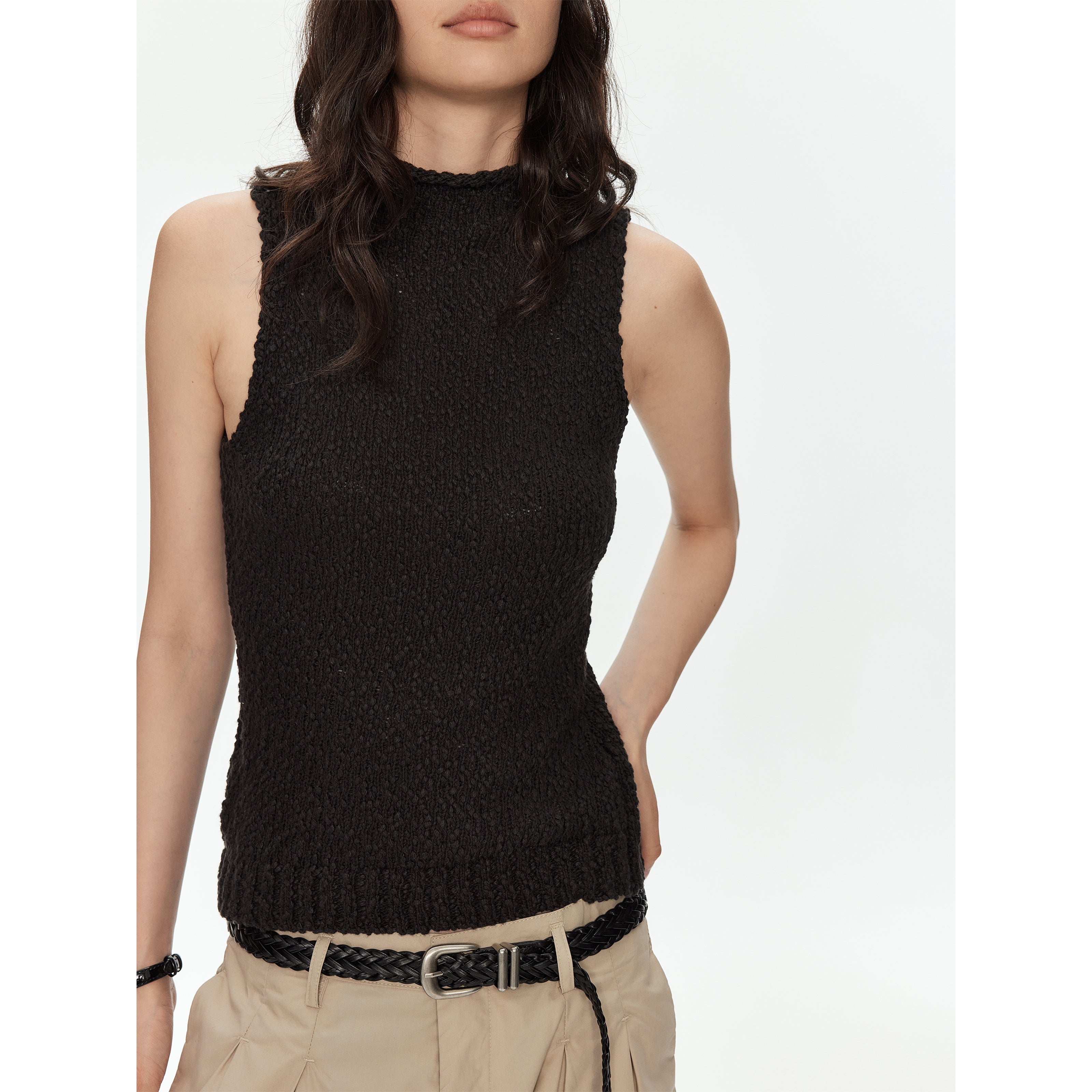 MADWITCH TEXTURED OPEN KNIT MOCK NECK VEST #MYCB017